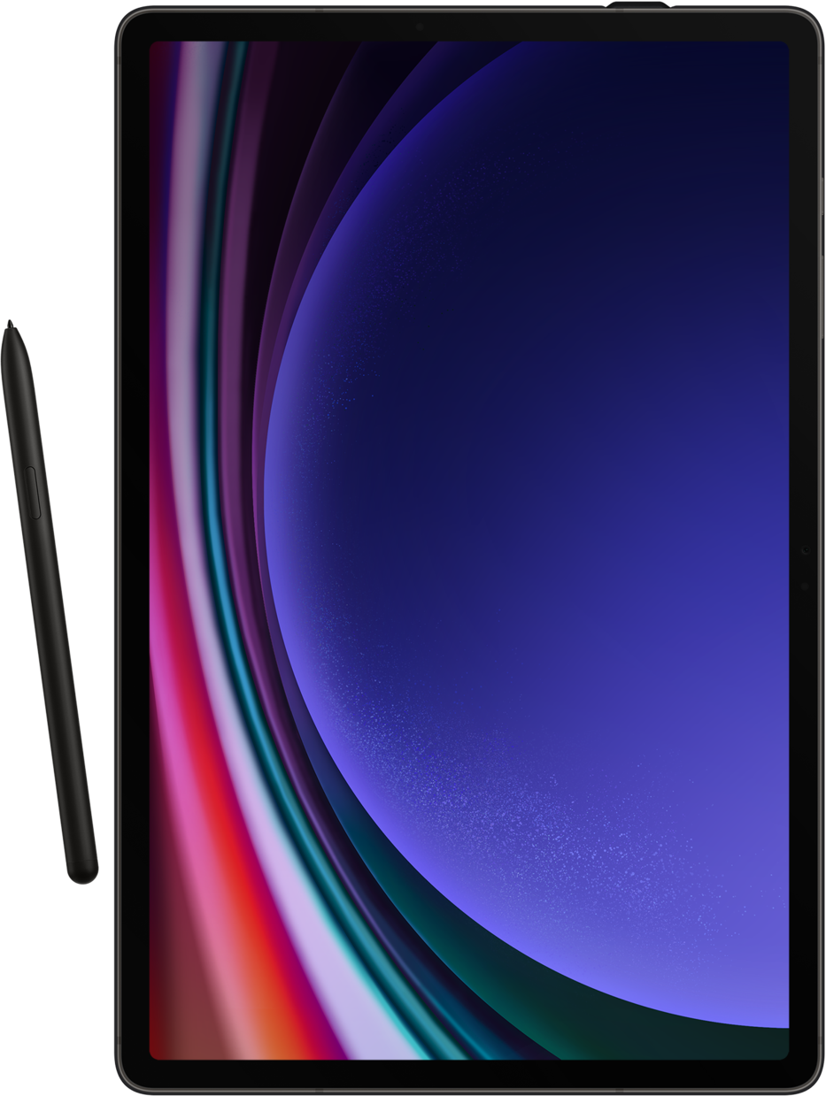 Tablette avec stylet, cadre noir, écran avec des stries colorées, fond blanc.