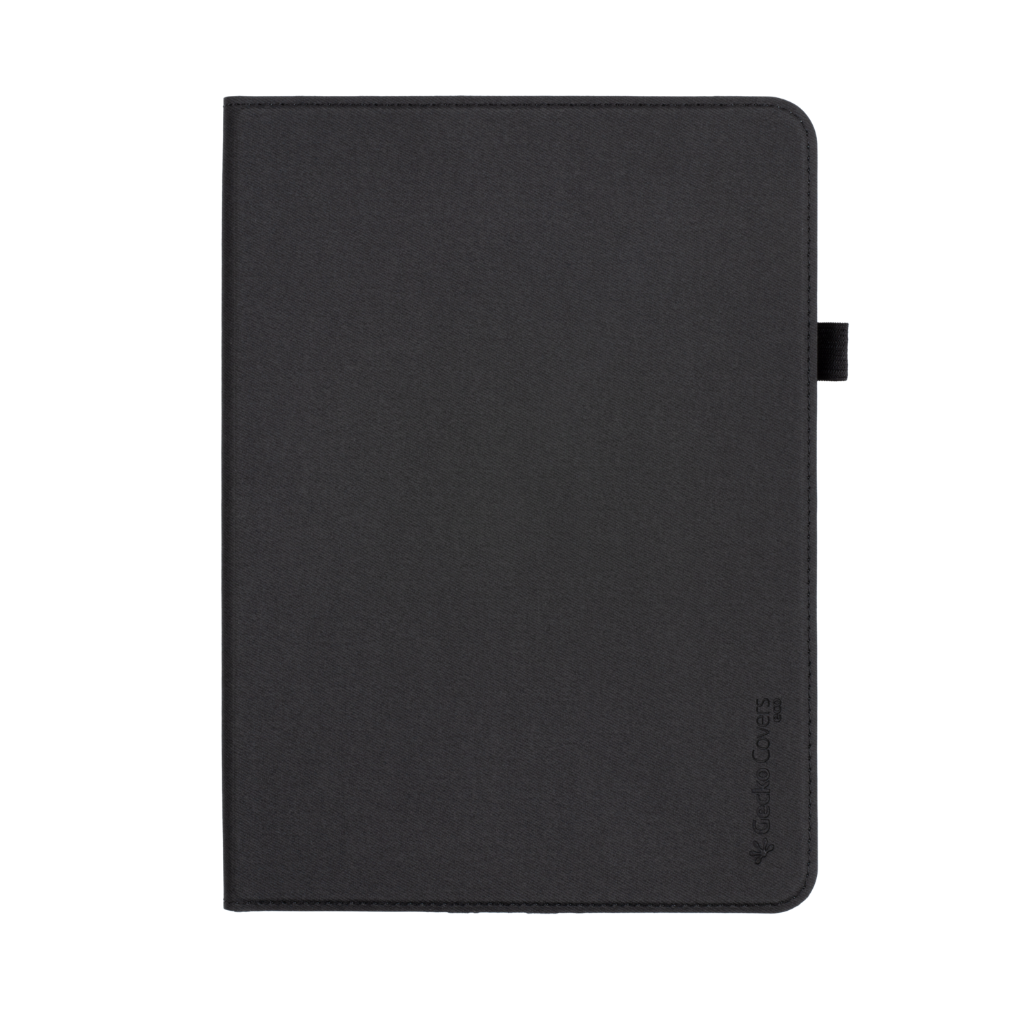 A black tablet case, closed. The case is plain with a small Gecko Covers logo at the bottom.