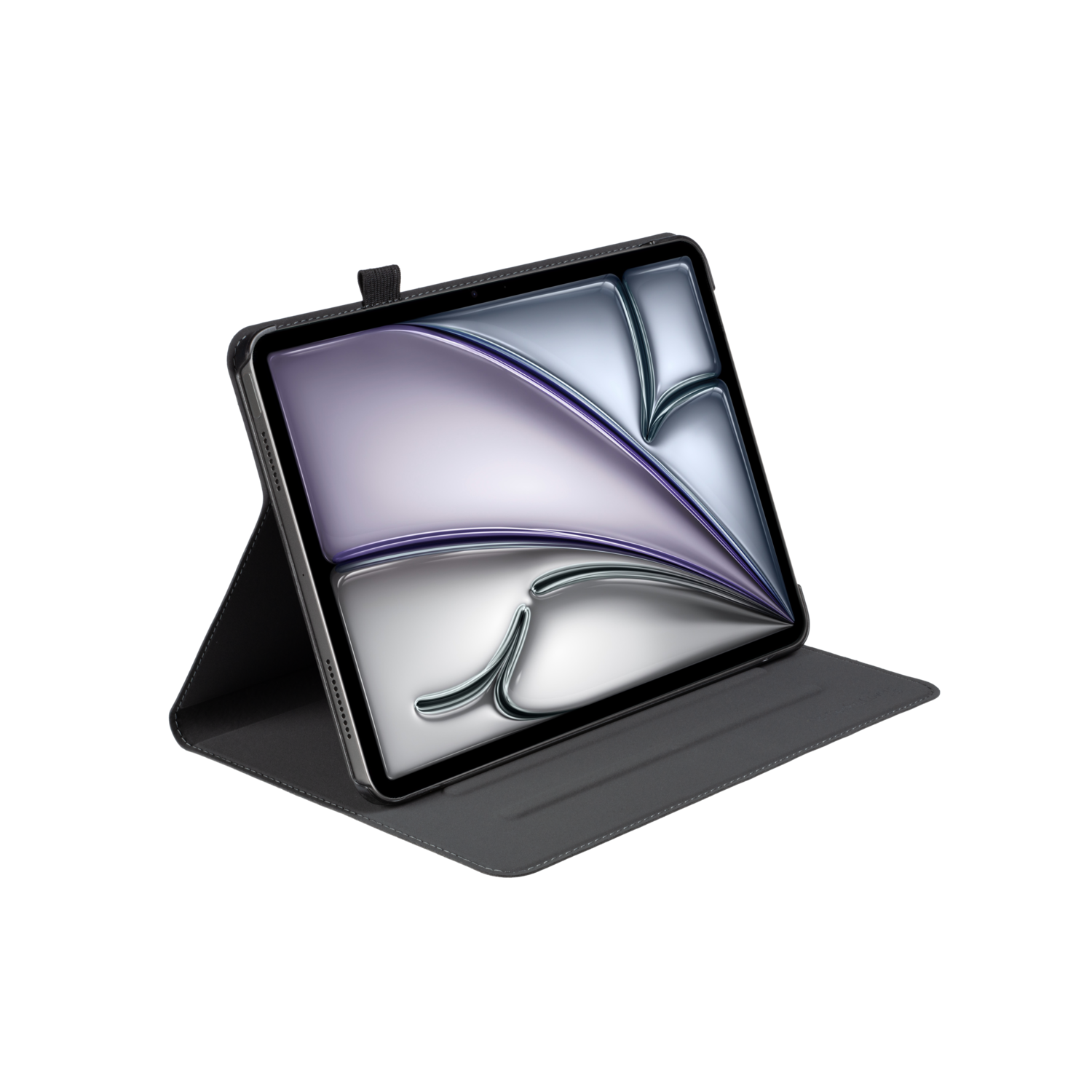 Tablet in a case, open. The screen shows a colorful, abstract design.