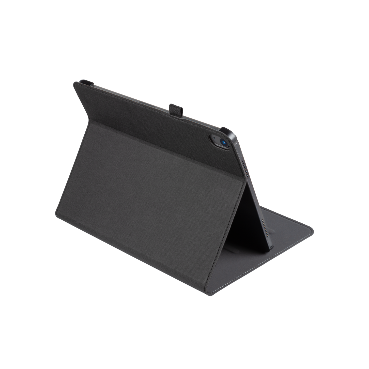A tablet in a black case propped at an angle on a black surface.