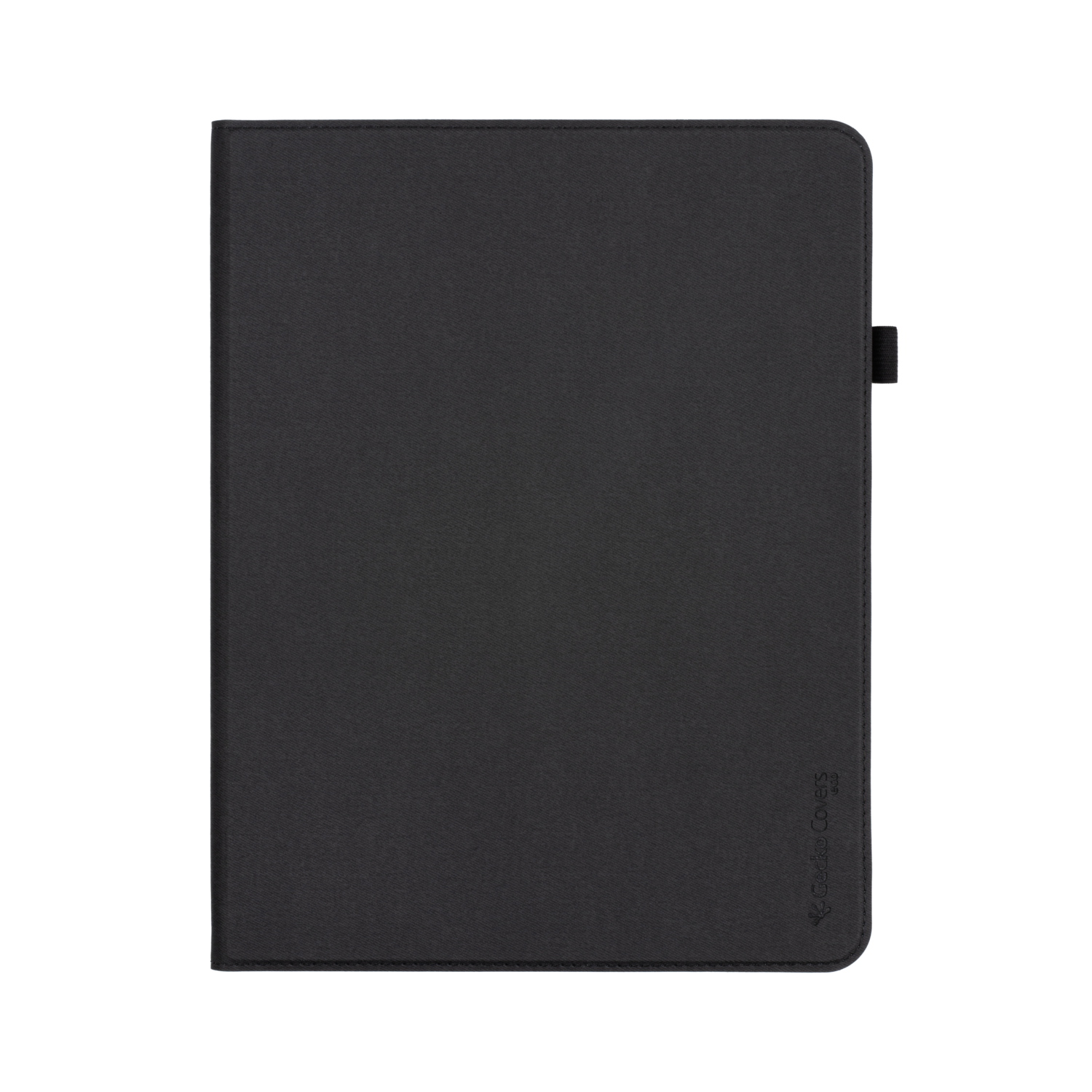 Black tablet case, closed. The cover is smooth and textured. The background is black.