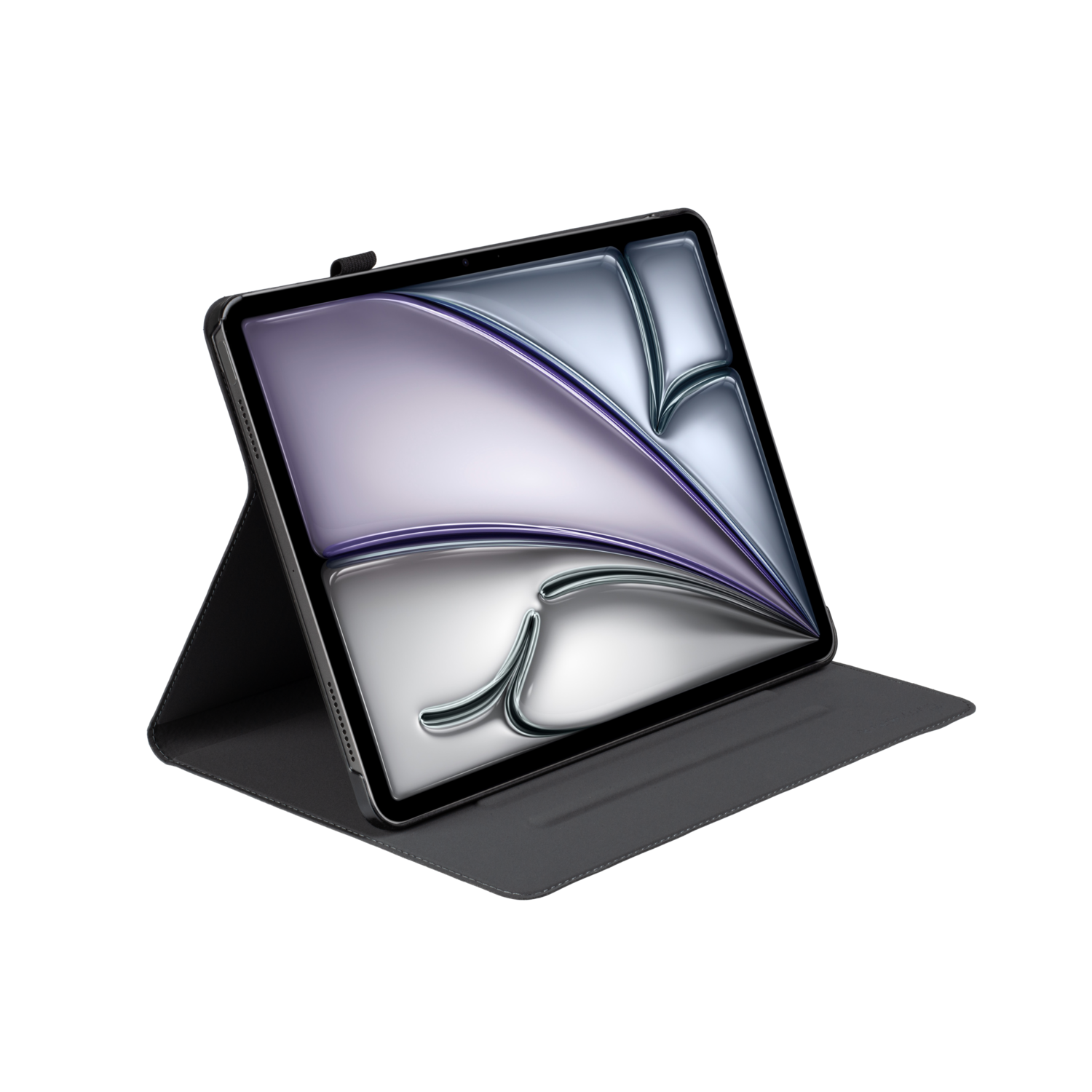 Tablet with cover open, screen displaying abstract design on black background.