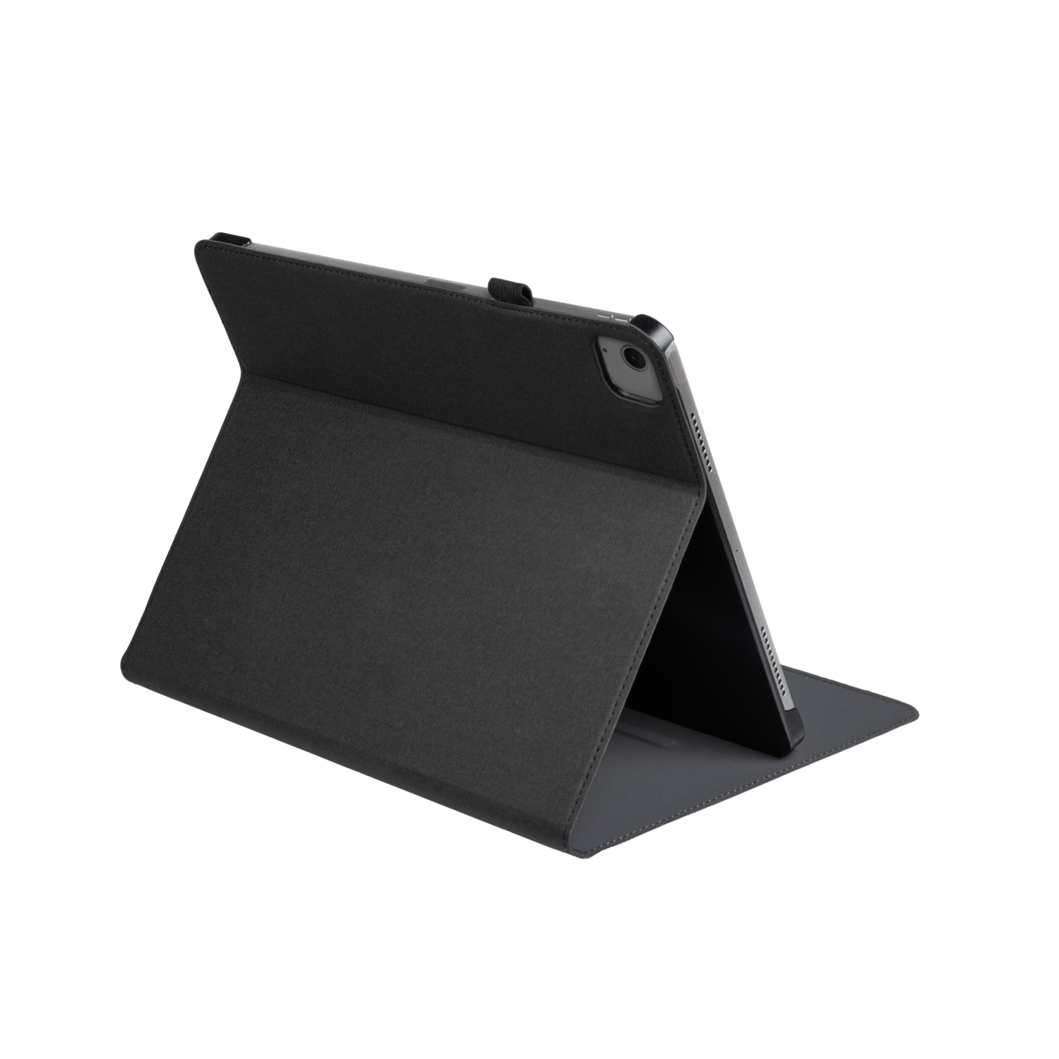 Tablet with black cover open, propped up, revealing the screen, on a black background.