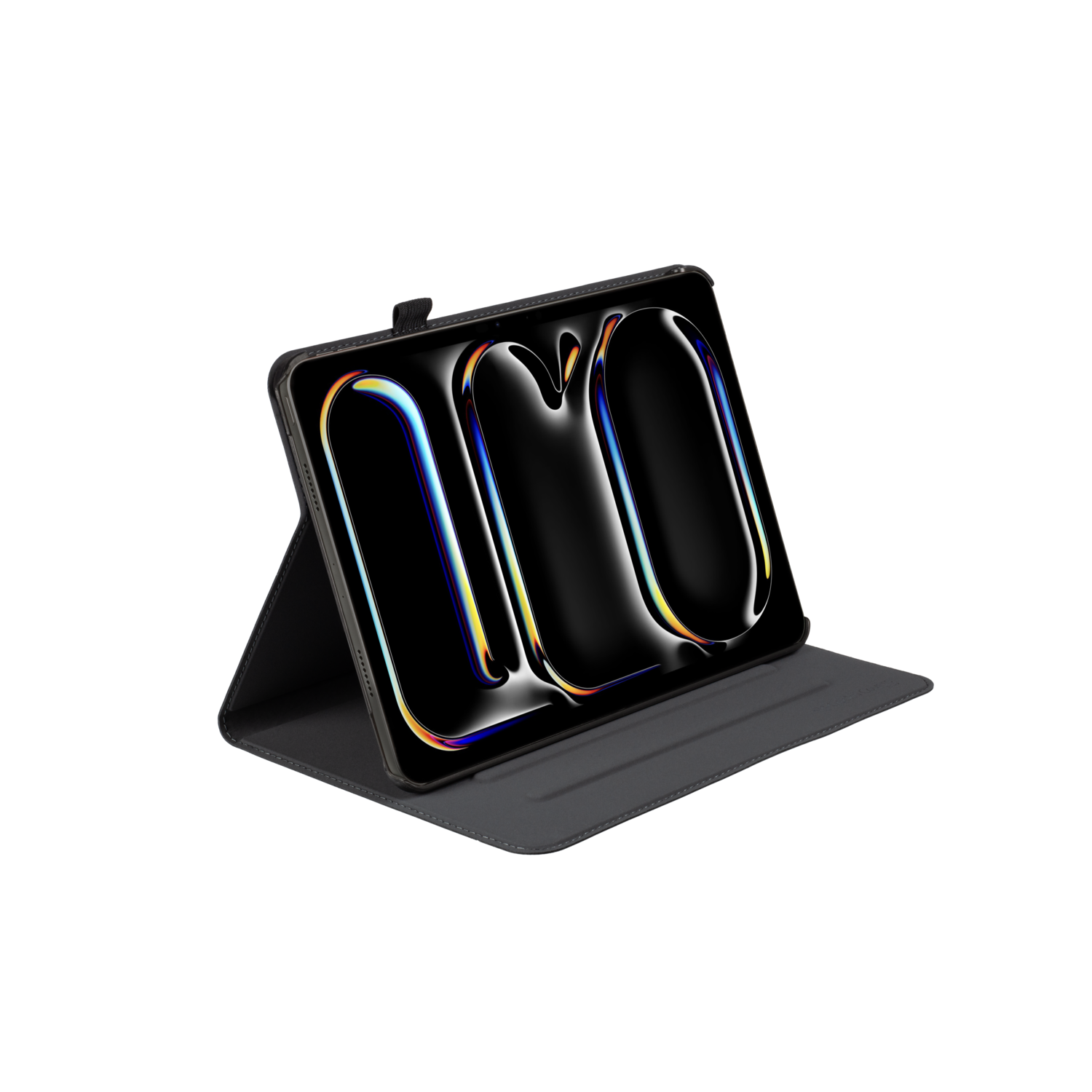 Tablet with cover open, screen displaying a logo on a black background.