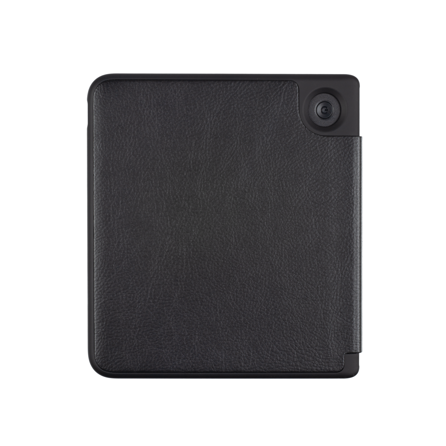 Een gesloten zwarte tablet met een verhoogde camera aan de rechterbovenhoek. De tablet heeft een leertextuur.