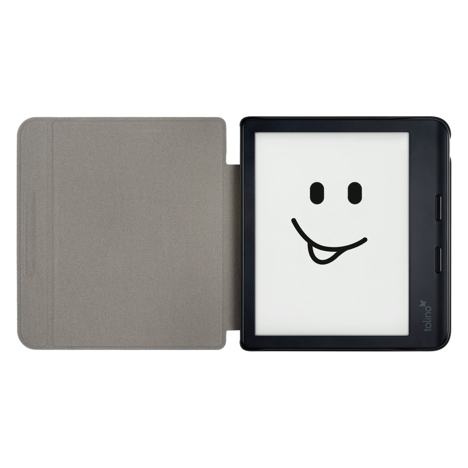 E-reader met een smiley staat open op een tafel.