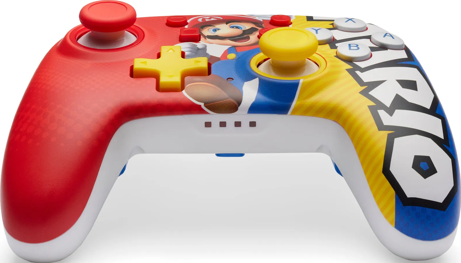 Un controller di gioco rosso, bianco e giallo con Mario sopra. I pulsanti sono visibili.
