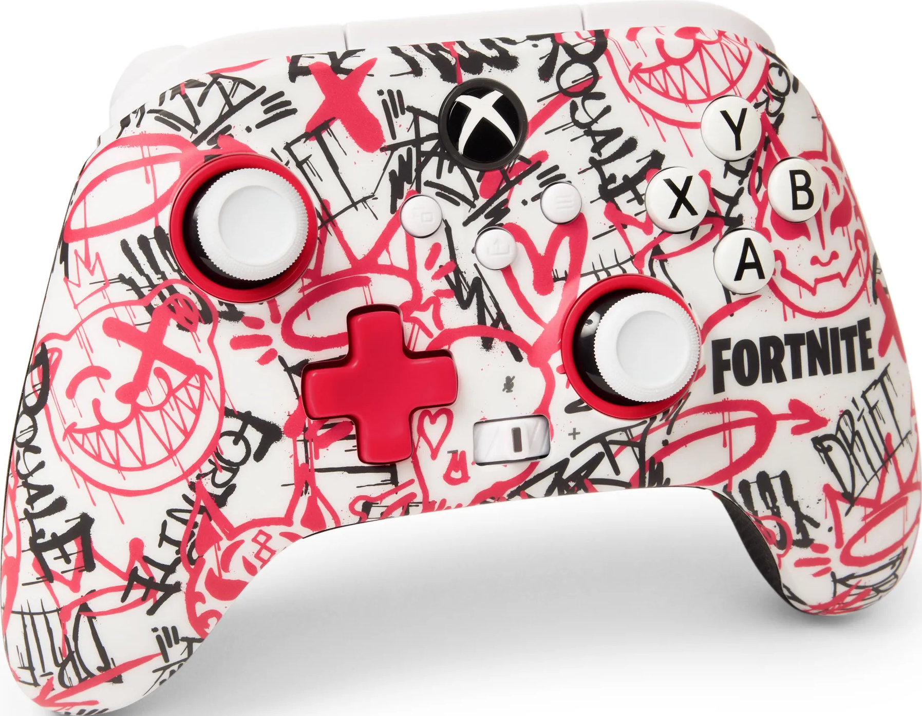 Ein weiß-roter Fortnite Xbox Controller. Er hat ein rotes Kreuz und Graffiti-Designs.