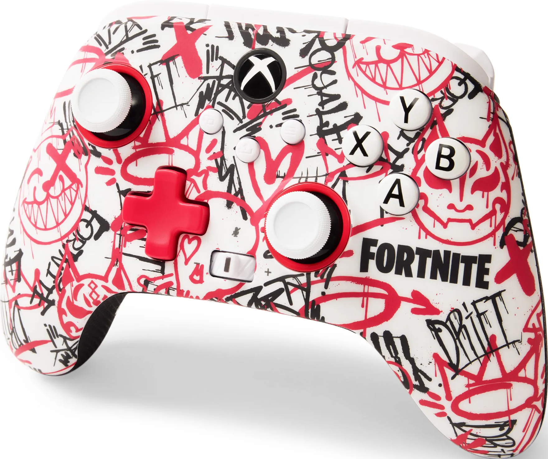 Weiß-roter Fortnite Xbox-Controller. Der Controller hat Graffiti-Designs.