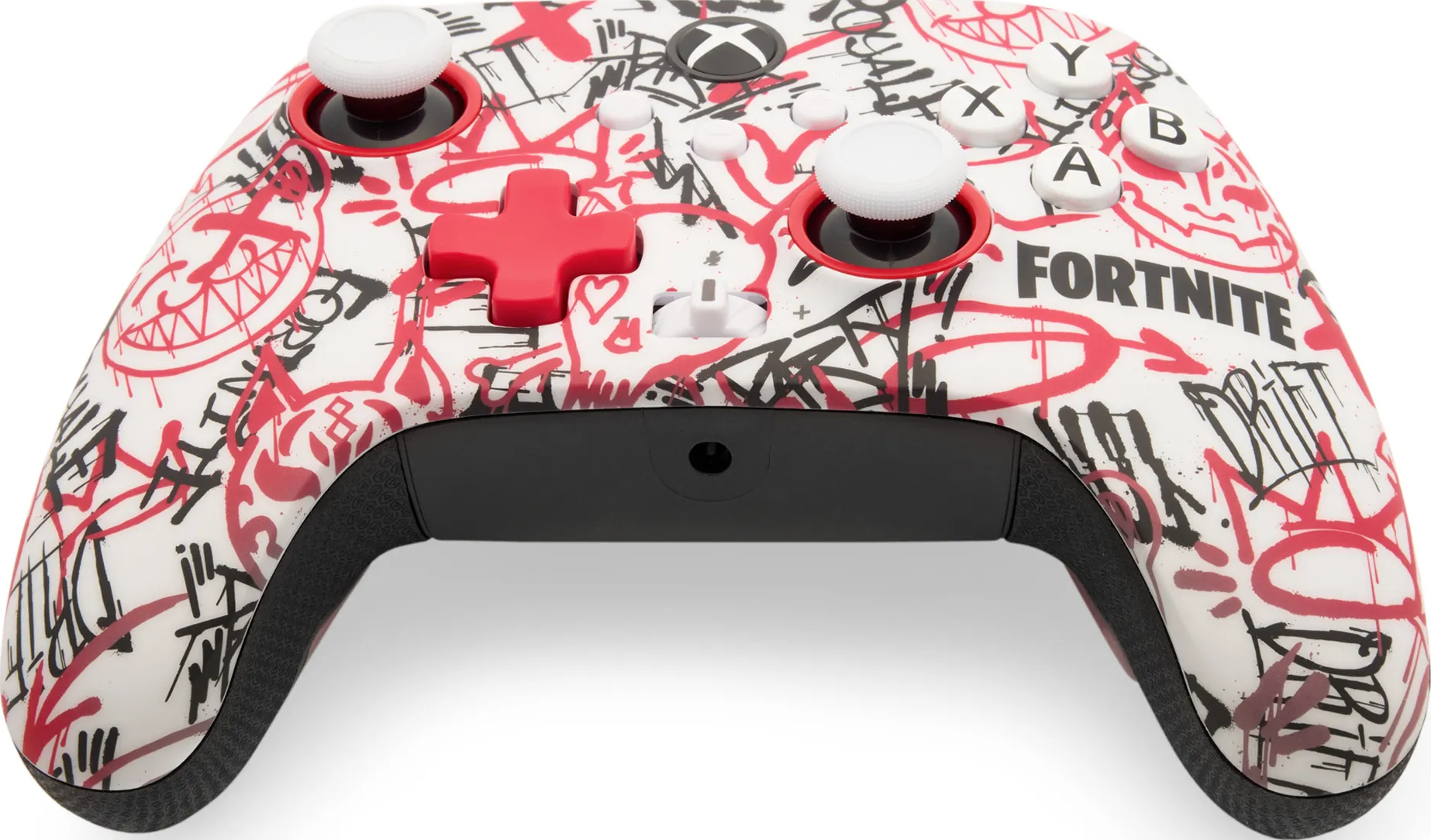 Xbox-Controller mit Graffiti-Kunst und rotem Kreuz-Knopf.