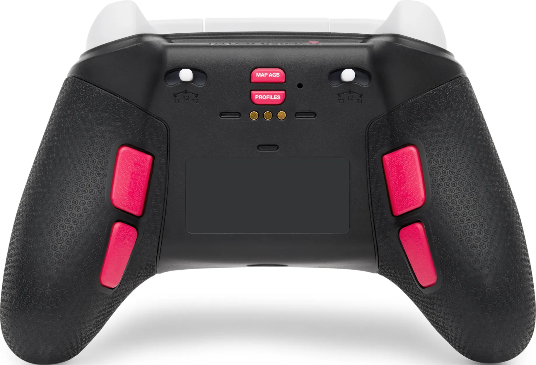Ein Videospiel-Controller mit roten Knöpfen und schwarzer Oberfläche.