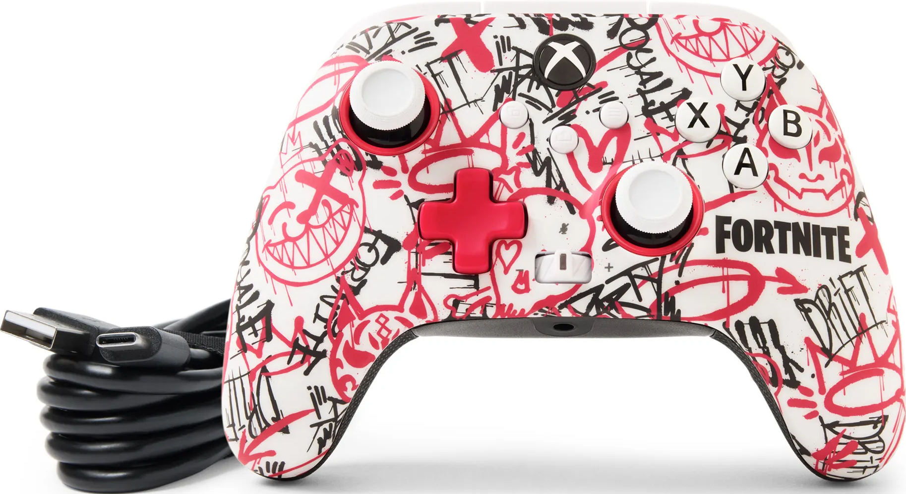 Weiß-roter Fortnite-Gamecontroller mit schwarzem Kabel und Graffiti-Design.