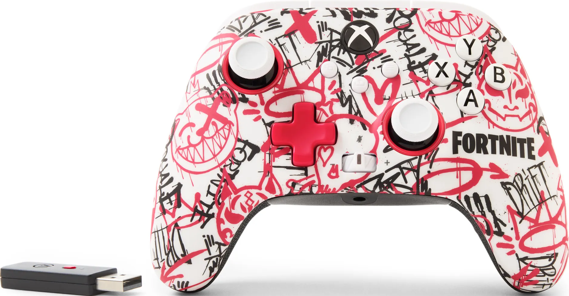 Weißer Fortnite-Controller mit roten Akzenten und schwarzen Graffiti-Designs.
