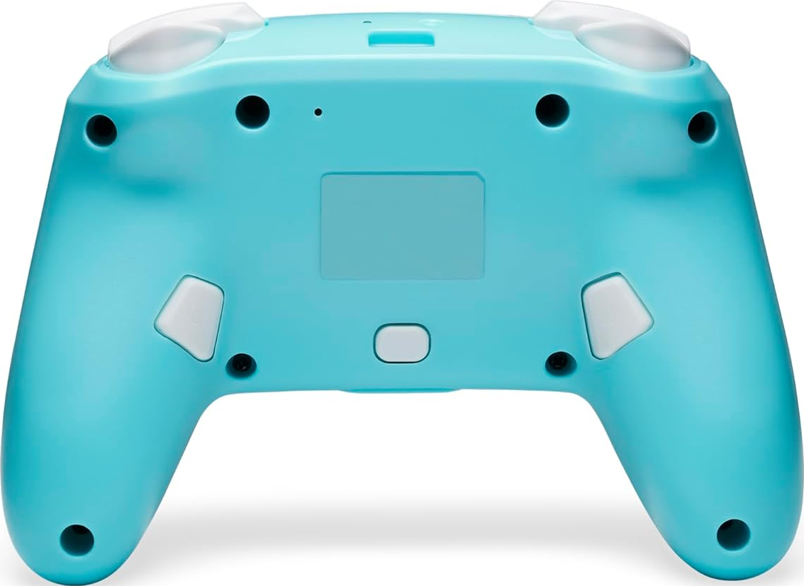 Dos d'une manette bleue avec des boutons blancs. Le bas est arrondi. Les boutons sont blancs.