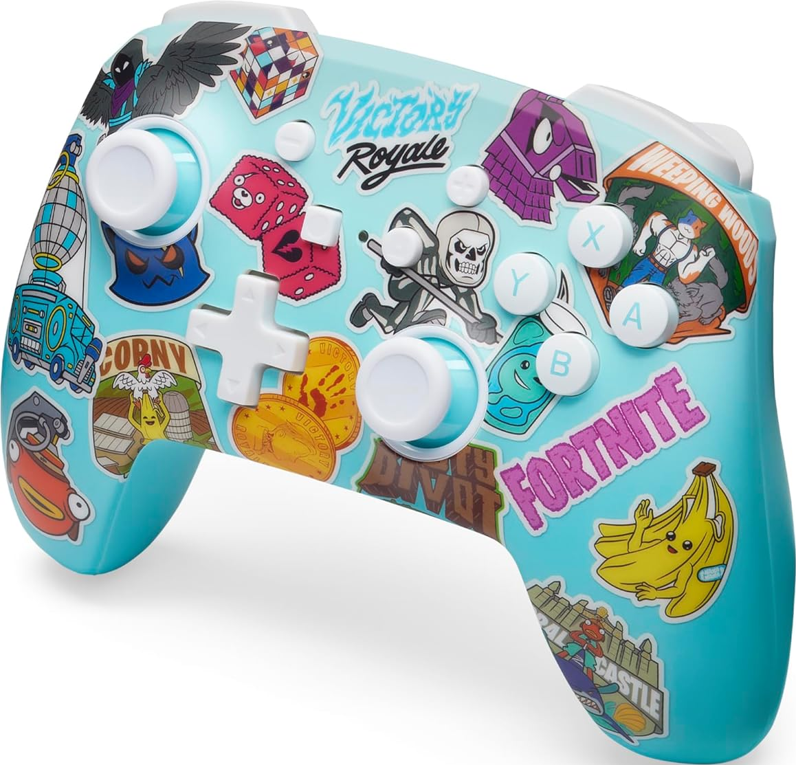 Manette de jeu Fortnite bleu clair avec autocollants de personnages et logos. Boutons blancs.