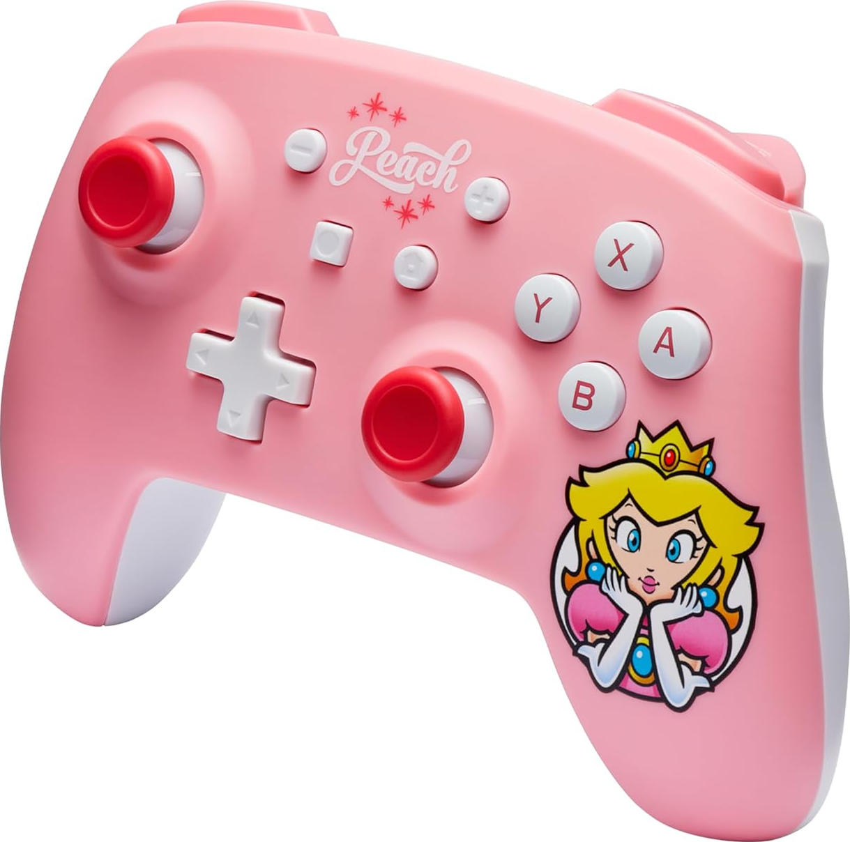 Un controller Nintendo Switch rosa con un design di Principessa Peach.