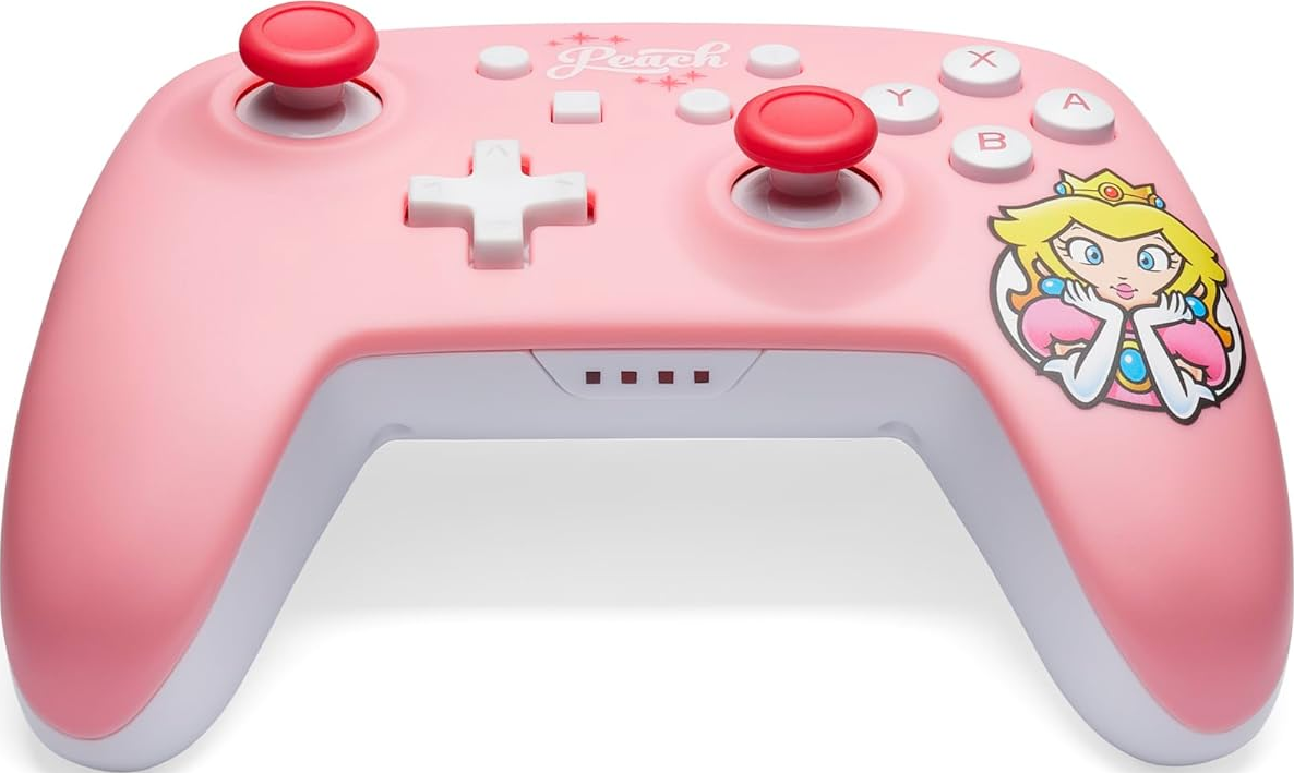 Controller di gioco rosa con grafica Principessa Peach.