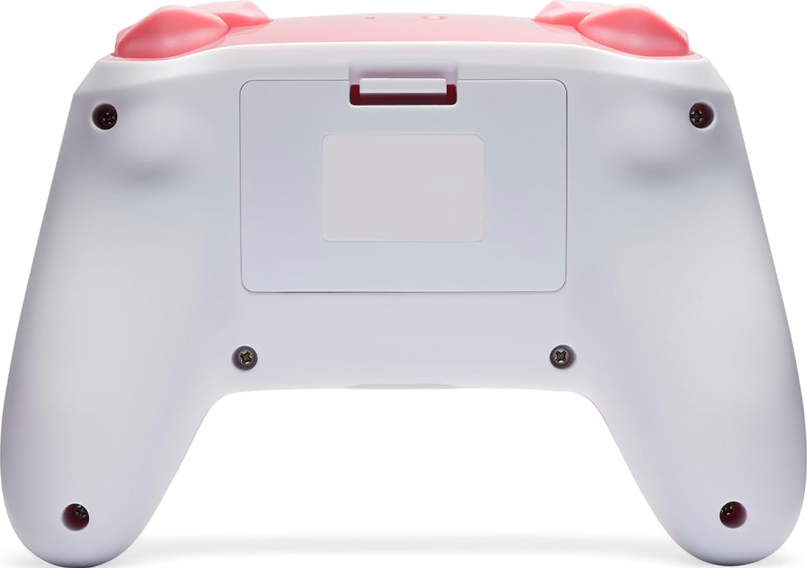 Retro di un controller di gioco bianco e rosa con pulsanti e viti, sfondo bianco.