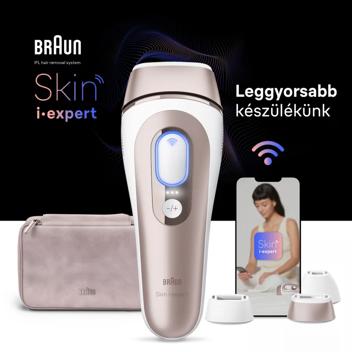 Braun IPL szőrtelenítő rendszer. Fehér és rózsaarany készülék, telefonnal és kiegészítőkkel.