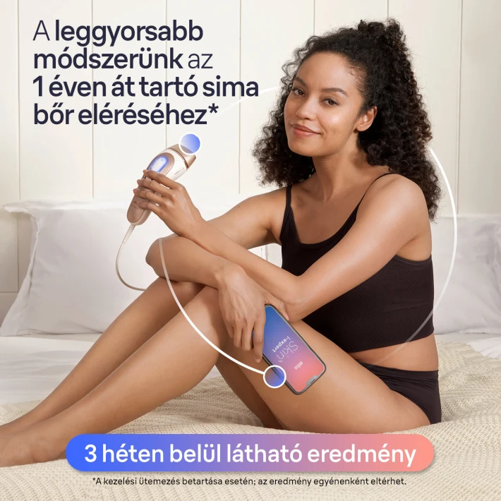 Nő lábon lévő eszközzel és telefonnal. Szöveg a sima bőrről 3 hét alatt.