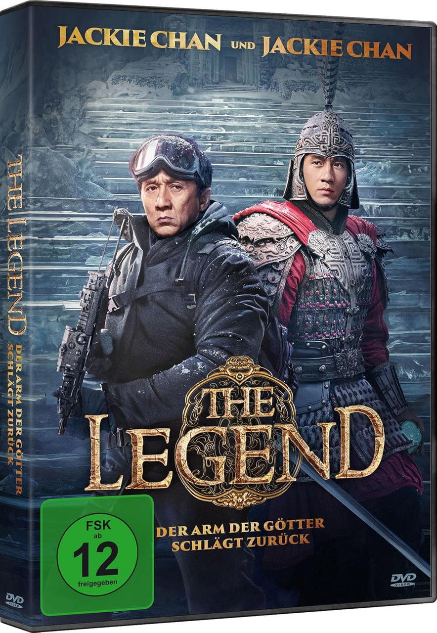DVD-Cover von 'The Legend' mit Jackie Chan in dramatischer Pose, mit Schwert und Gewehr.