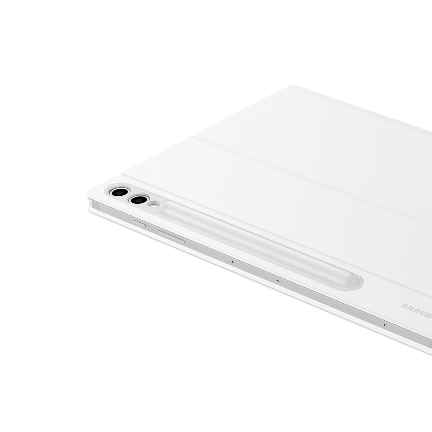 Tablette blanche avec stylo sur une surface blanche.