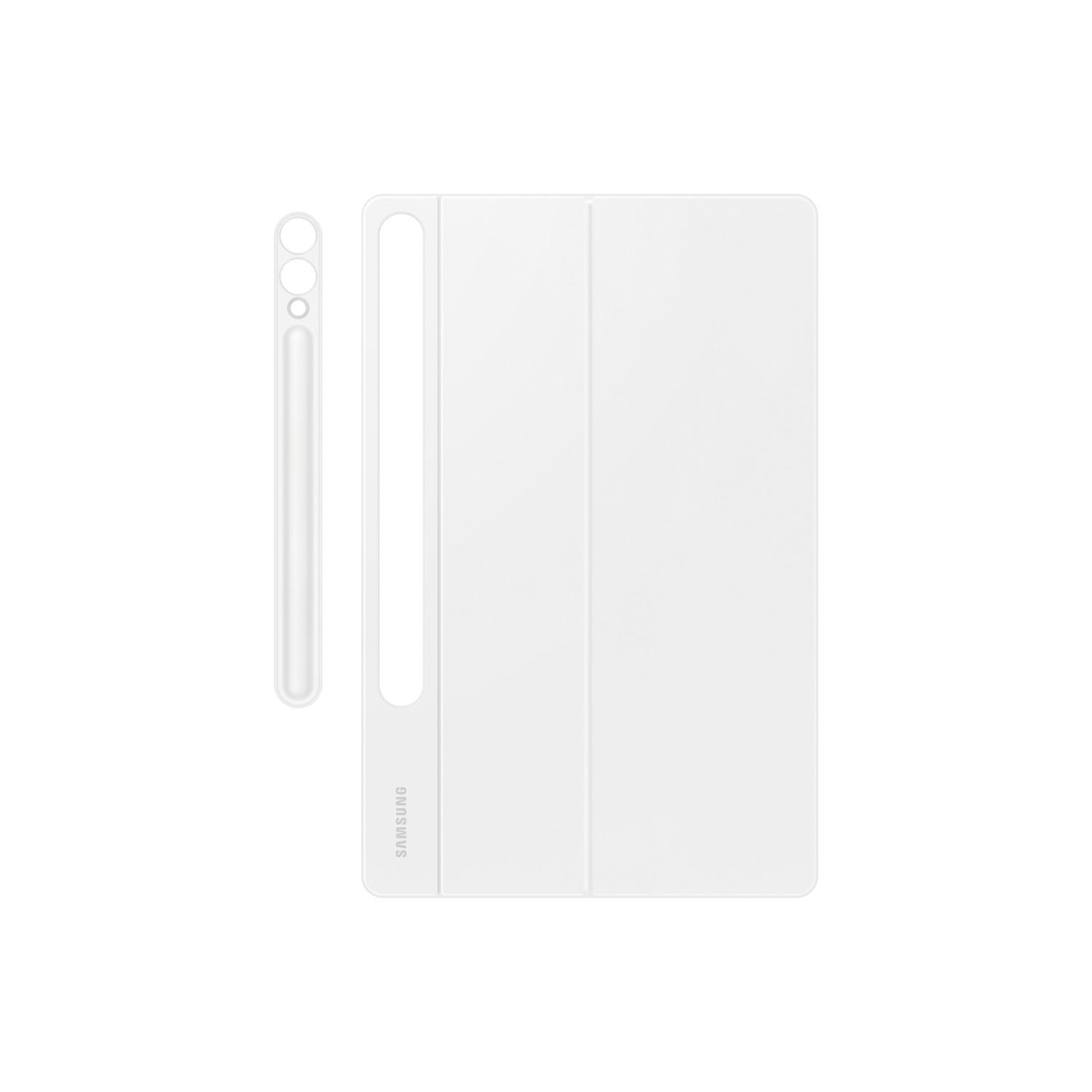 Étui de tablette blanc et stylet. L'étui est plié, avec un logo Samsung.