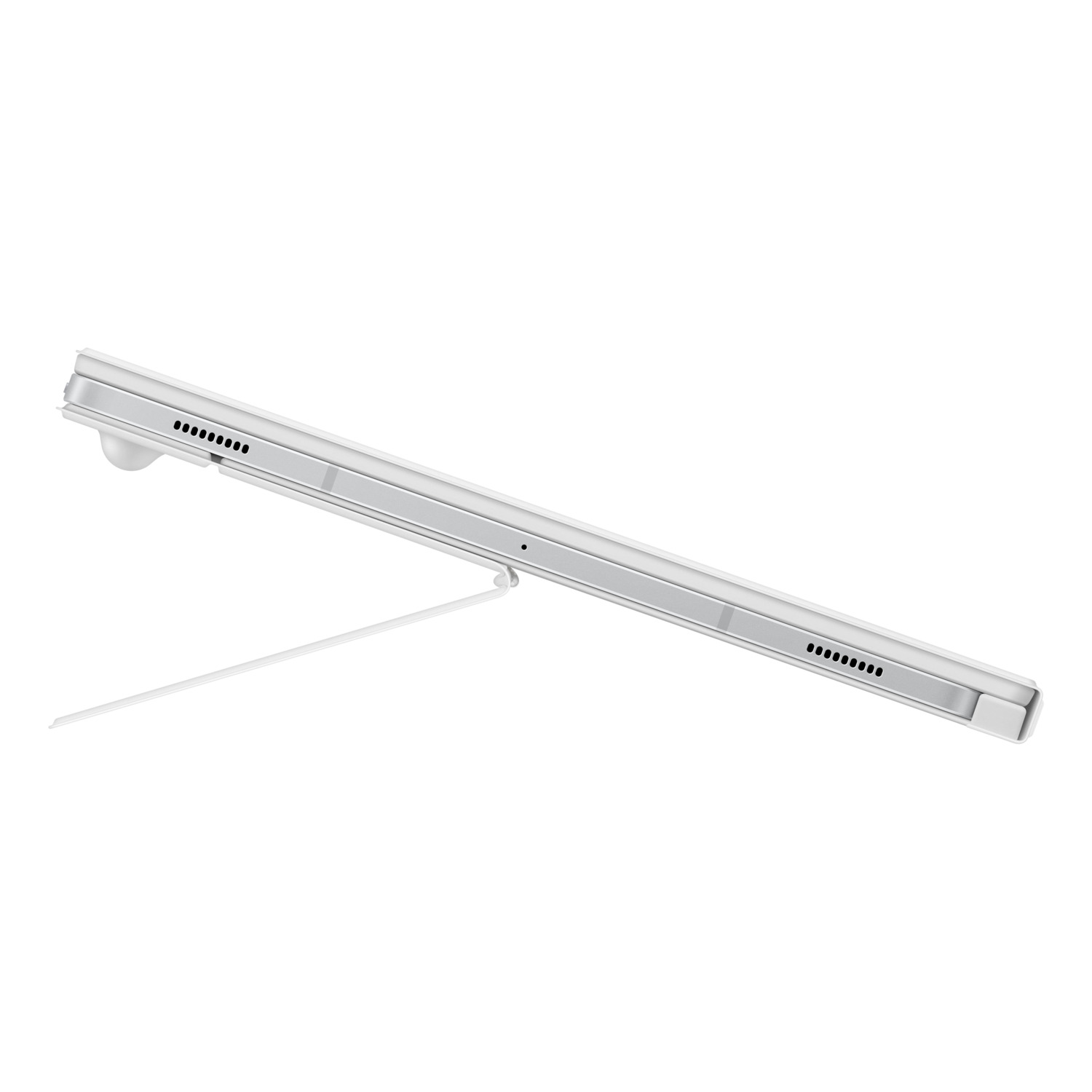 Tablette blanche avec béquille inclinée. Le fond est blanc.