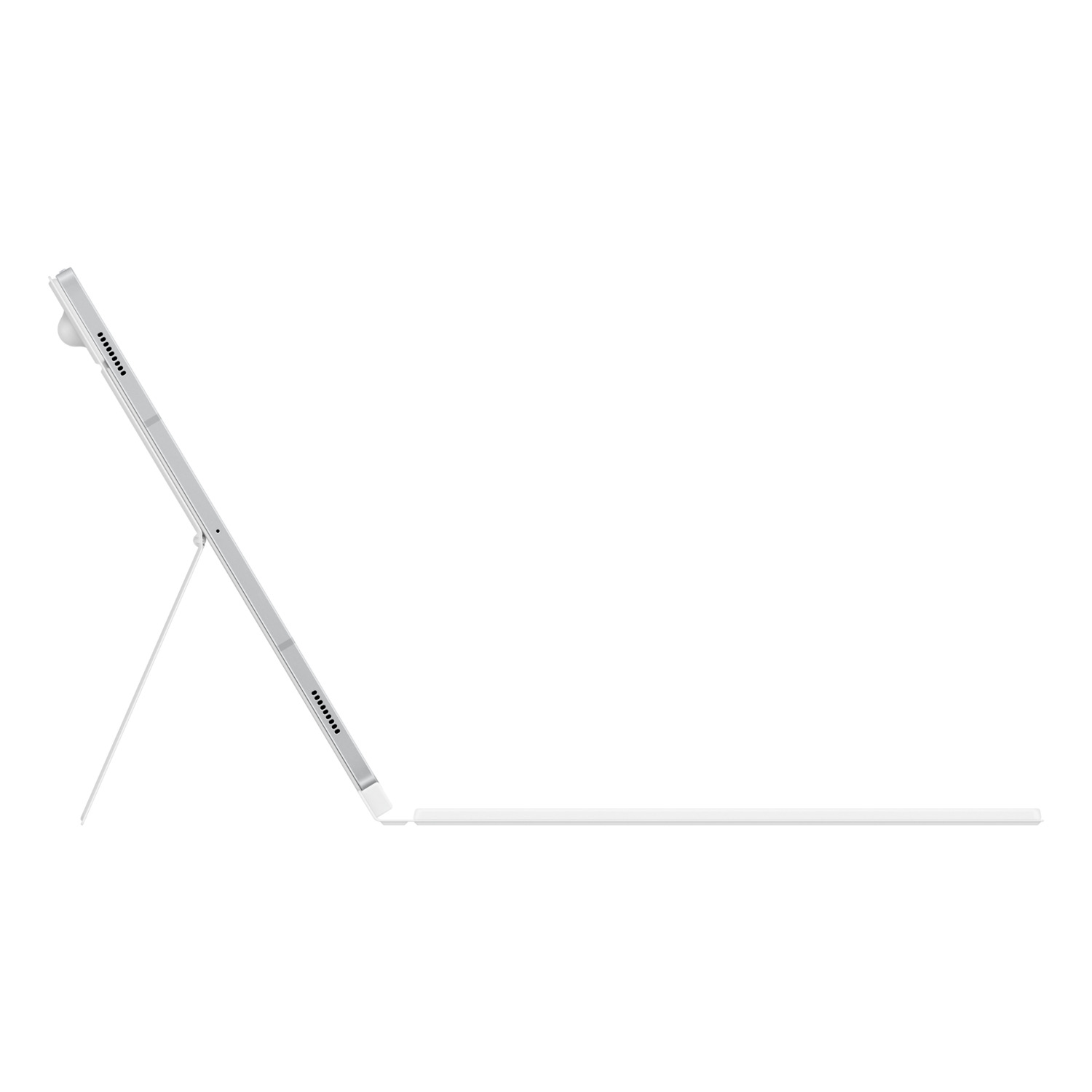 Une tablette argentée avec une couverture qui la soutient, avec un stylet blanc à côté.