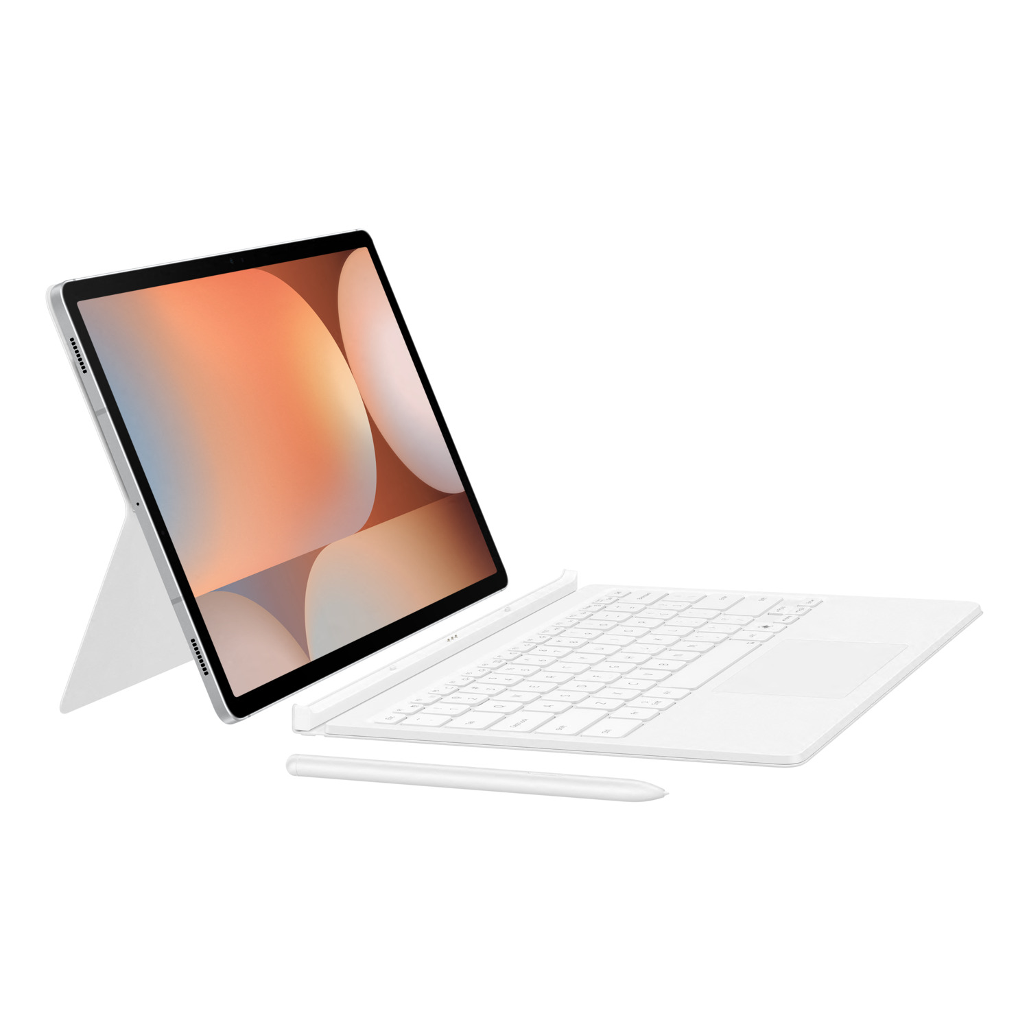 Tablette blanche avec clavier et stylet, sur fond blanc.