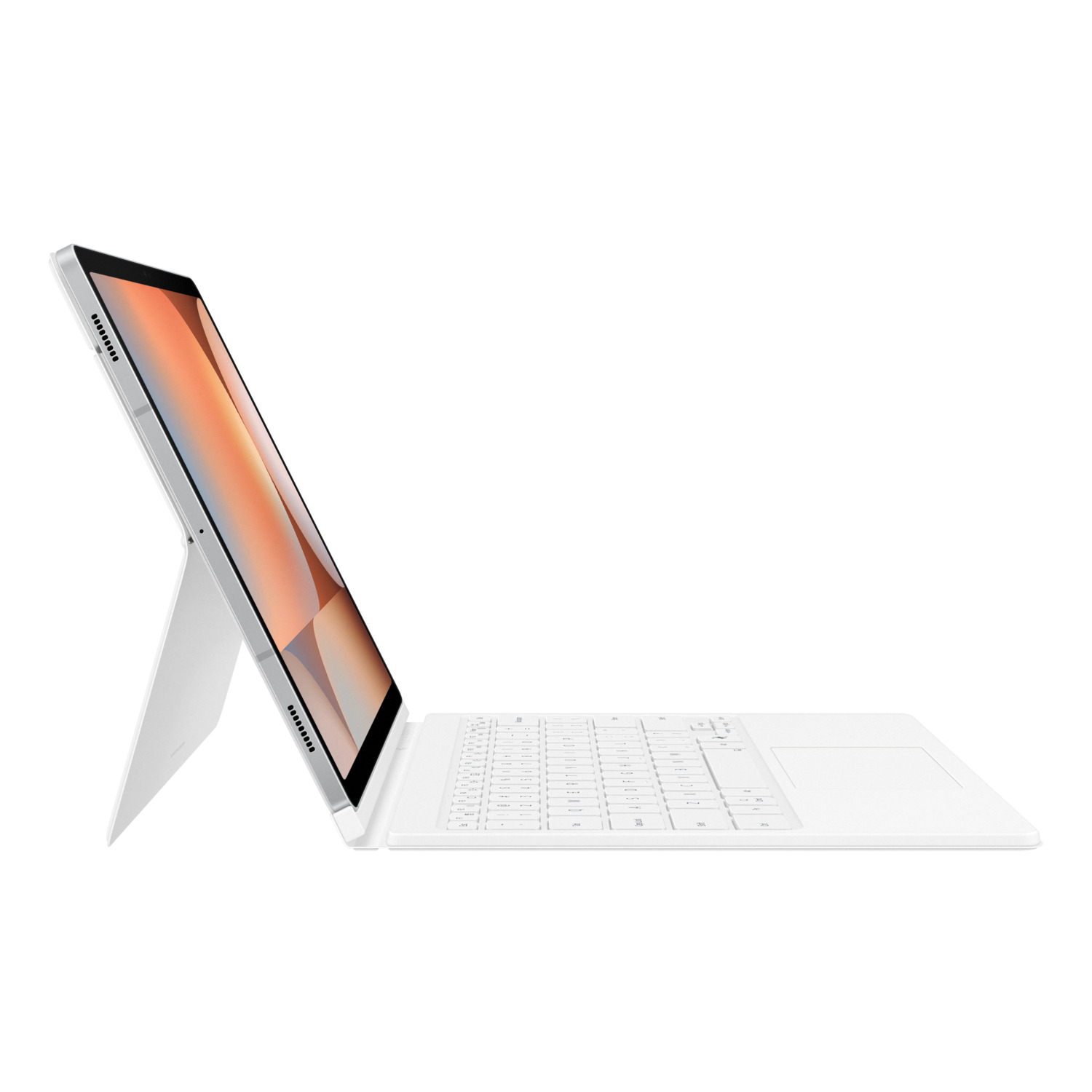 Une tablette blanche avec un clavier et un support. L'écran affiche une image floue.