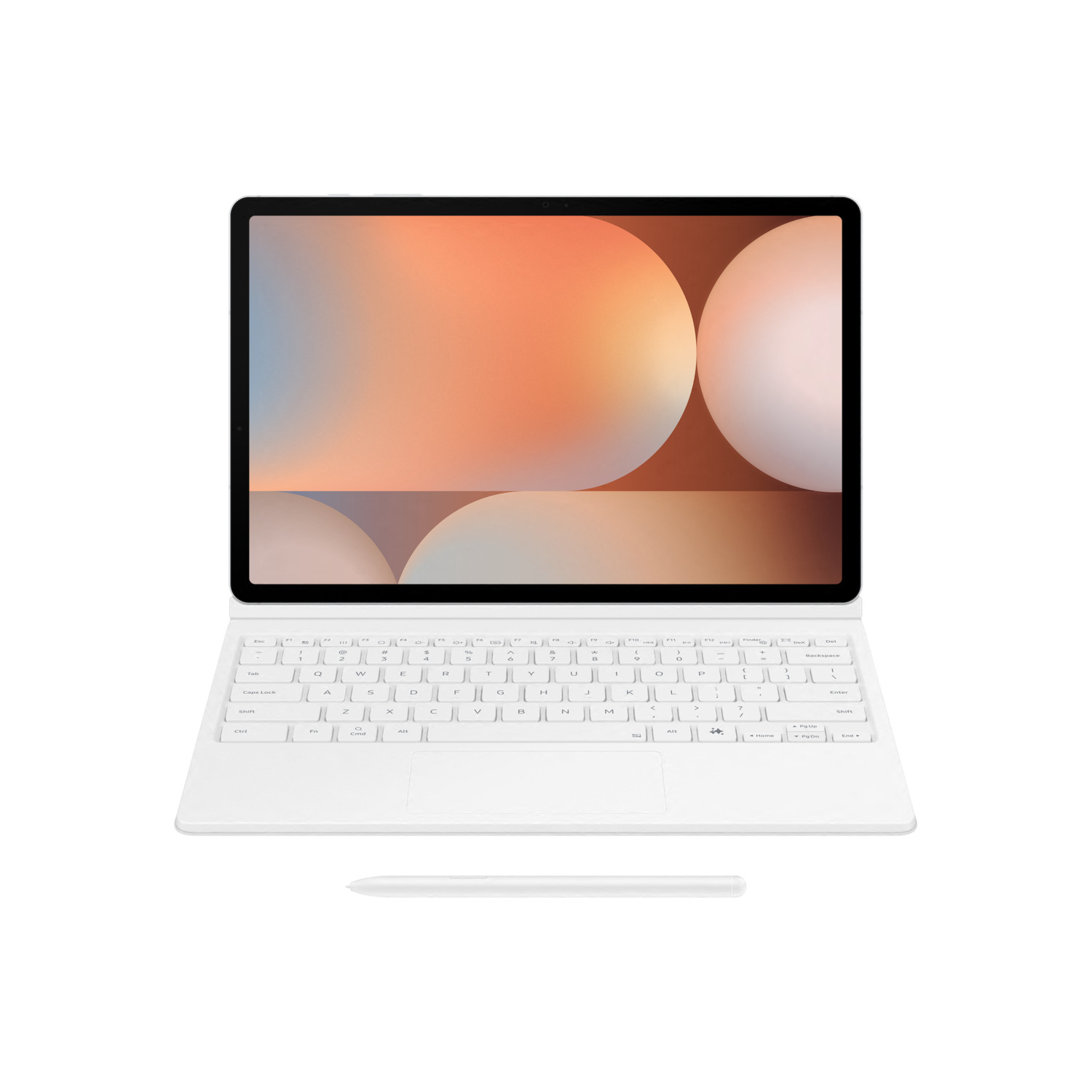 Tablette blanche avec clavier et stylet sur fond blanc.