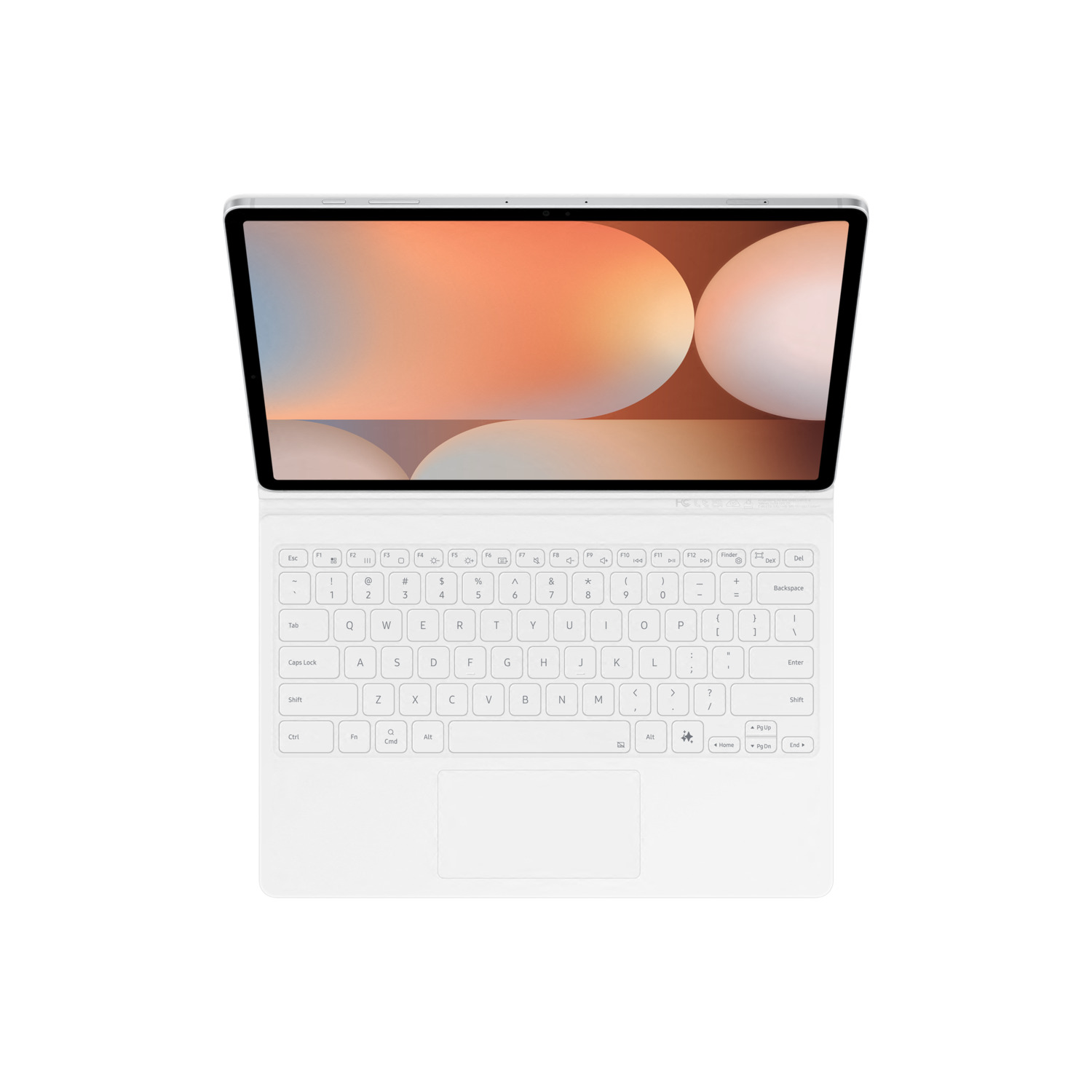 Un clavier blanc avec une tablette dessus, affichant une image abstraite colorée.