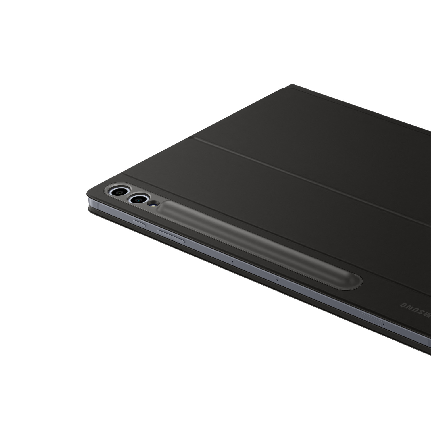 Une tablette noire avec une housse noire, inclinée. La tablette a une caméra et un emplacement pour stylo.