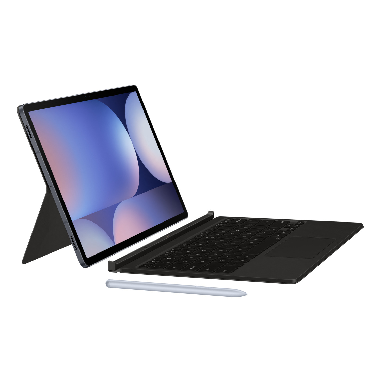 Une tablette avec un clavier et un stylet. La tablette est inclinée sur un support.