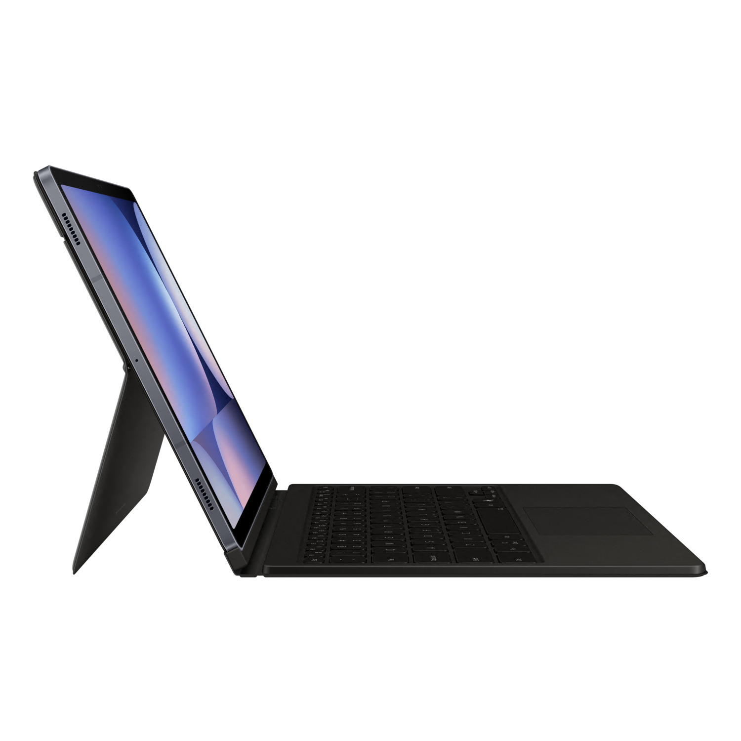 Tablette avec étui clavier, inclinée, noir sur fond blanc.