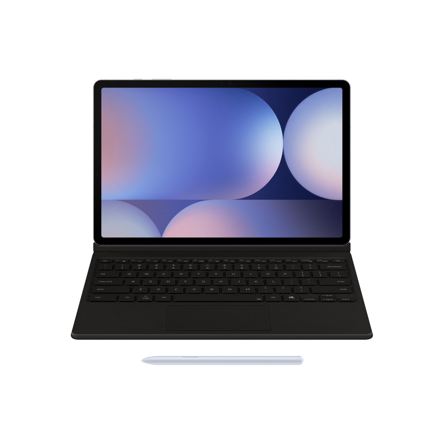 Tablette noire avec clavier et stylet. L'écran affiche un design bleu et blanc.
