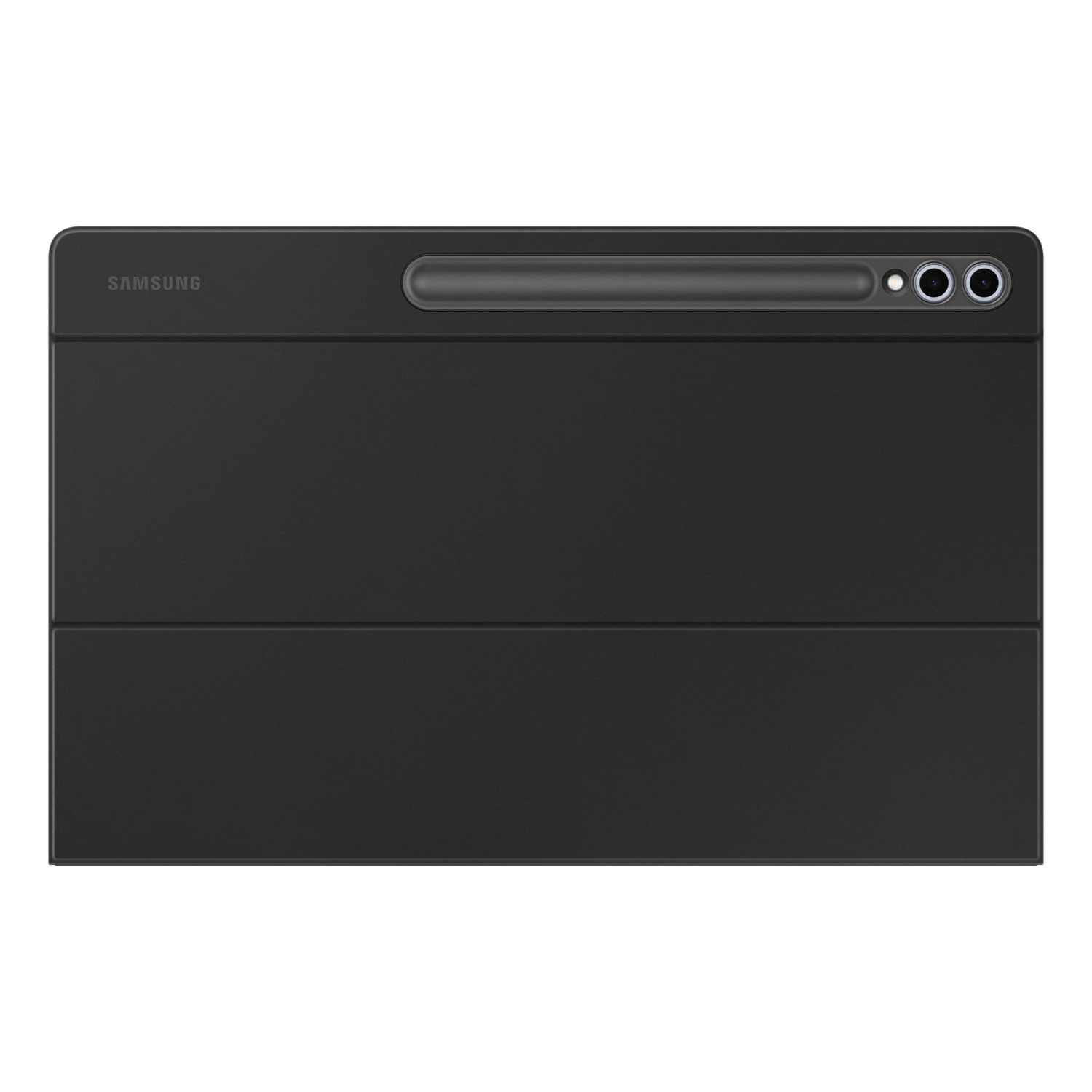 Housse de tablette noire avec le logo Samsung. Trois objectifs d'appareil photo sont visibles.