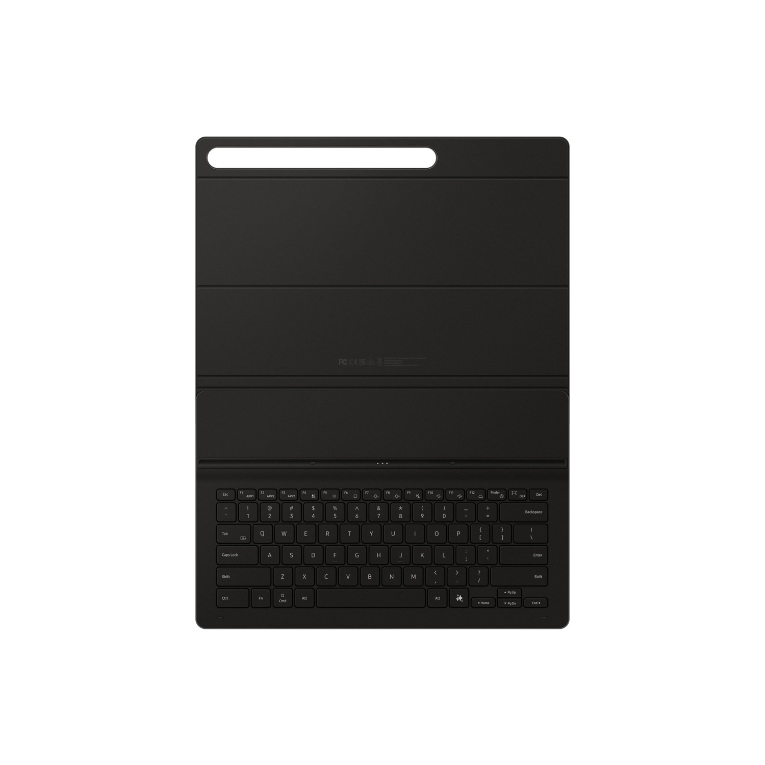 Tablette noire avec clavier attaché. Le clavier est ouvert, les touches sont visibles.