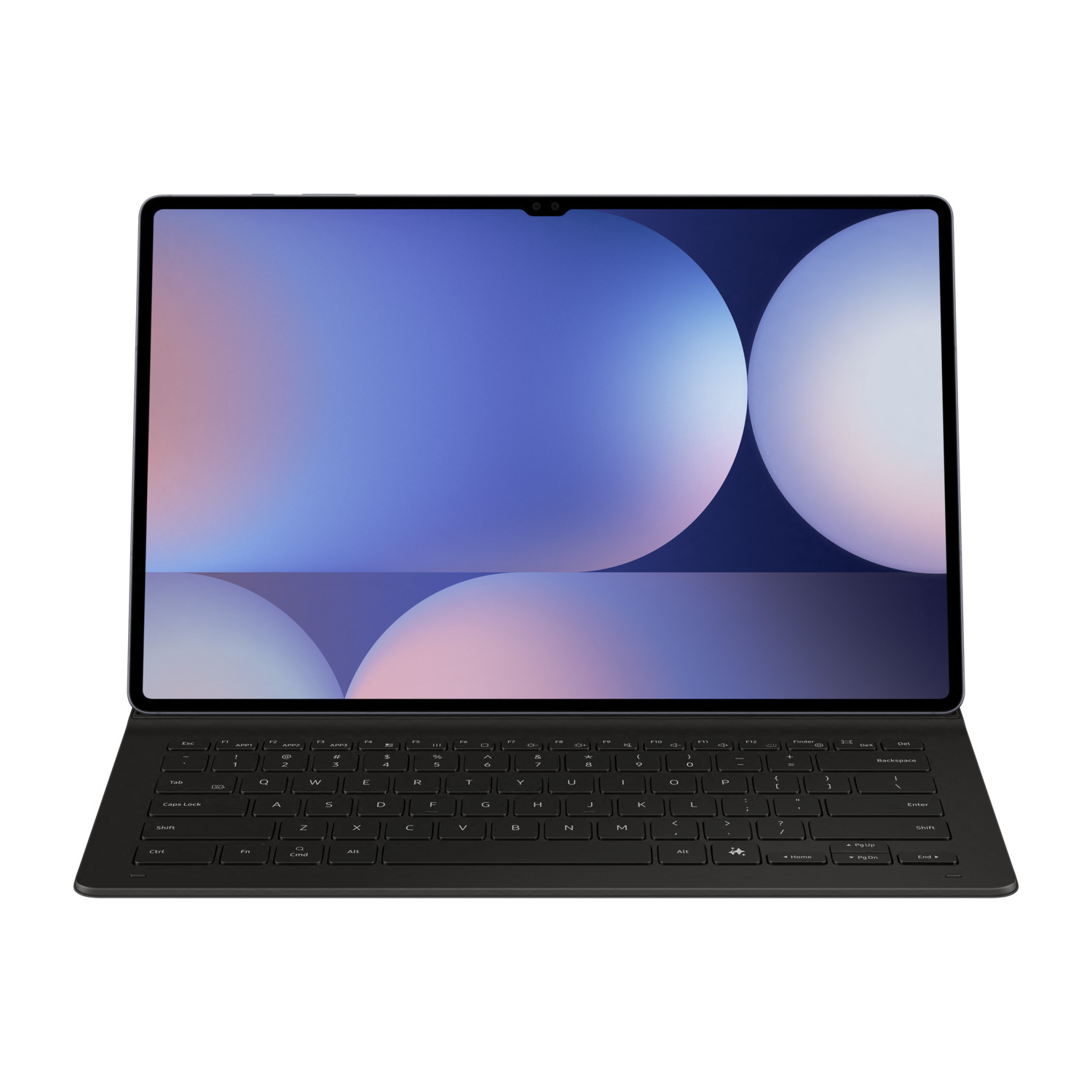 Tablette noire avec un étui clavier. L'écran affiche une image abstraite bleue et blanche.
