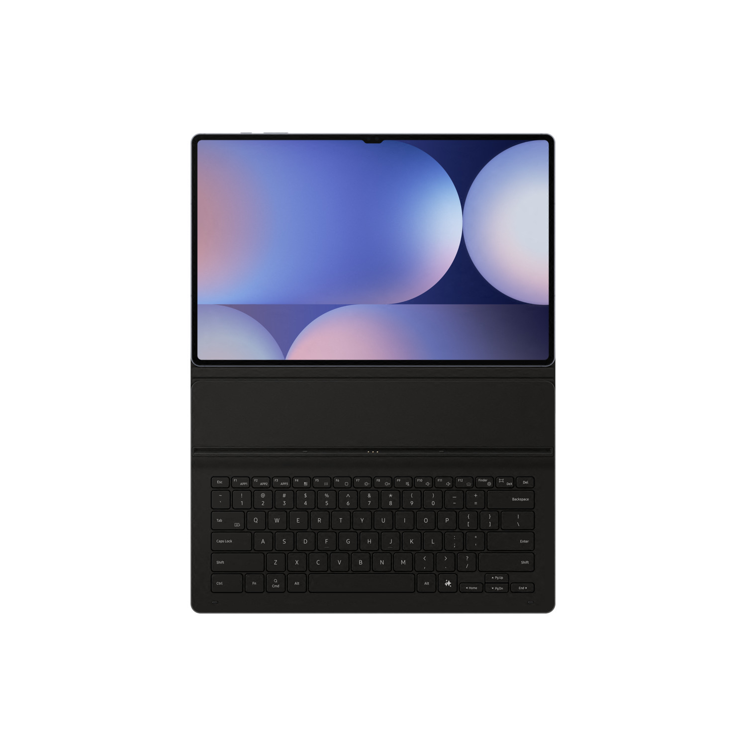 Tablette avec une housse de clavier noire et un écran affichant un design bleu et violet.