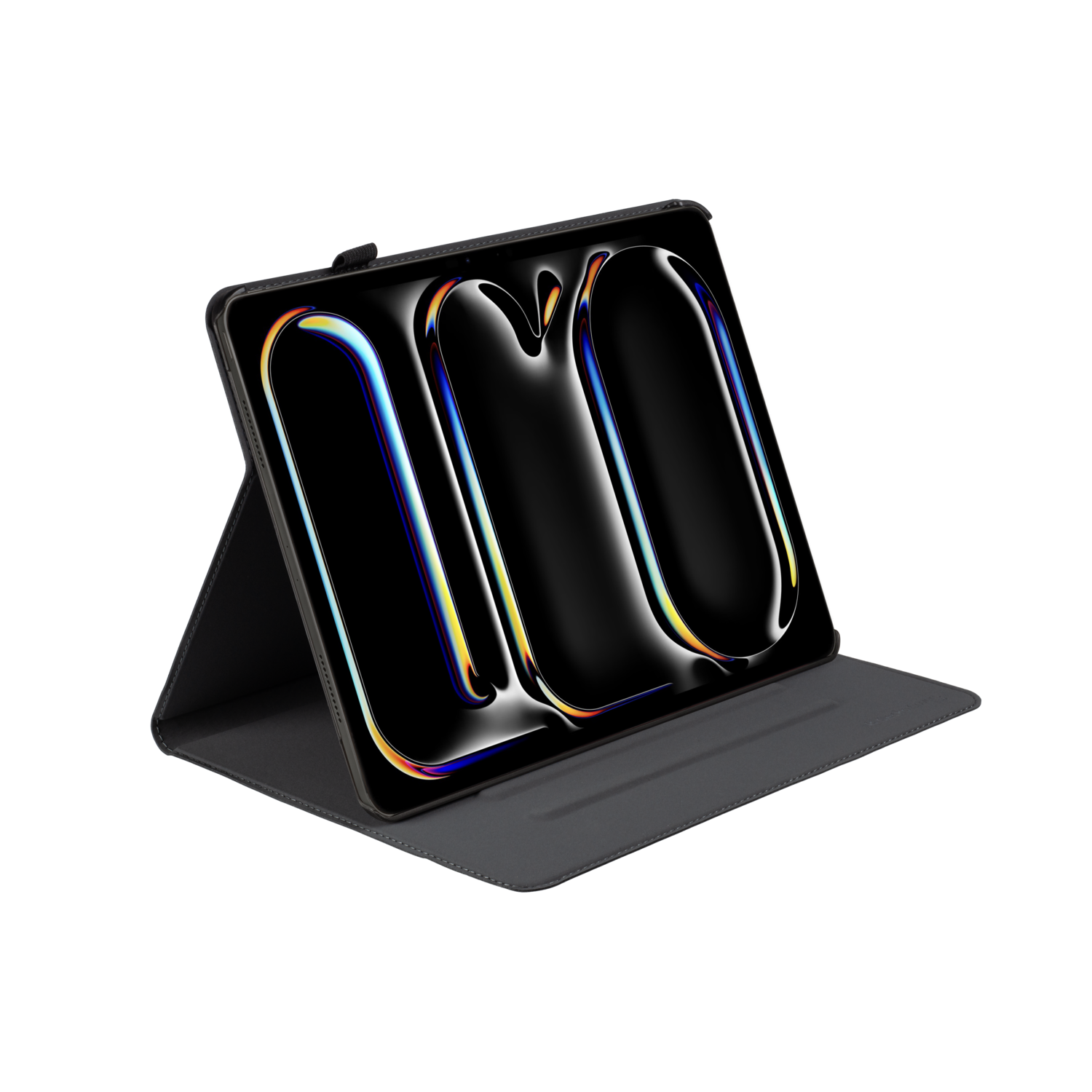 Black tablet in a case, angled, with a screen showing a design.