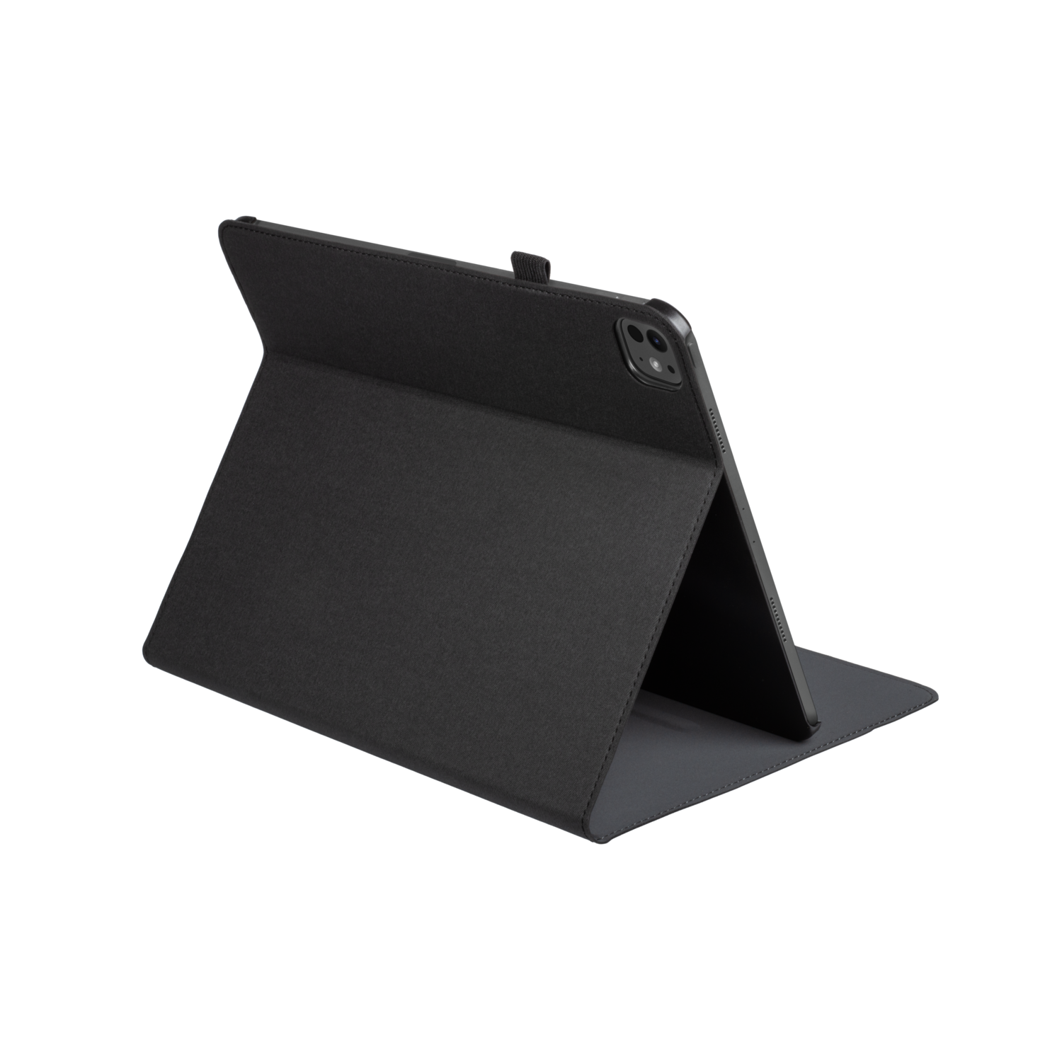 Black tablet in case, angled, back view.