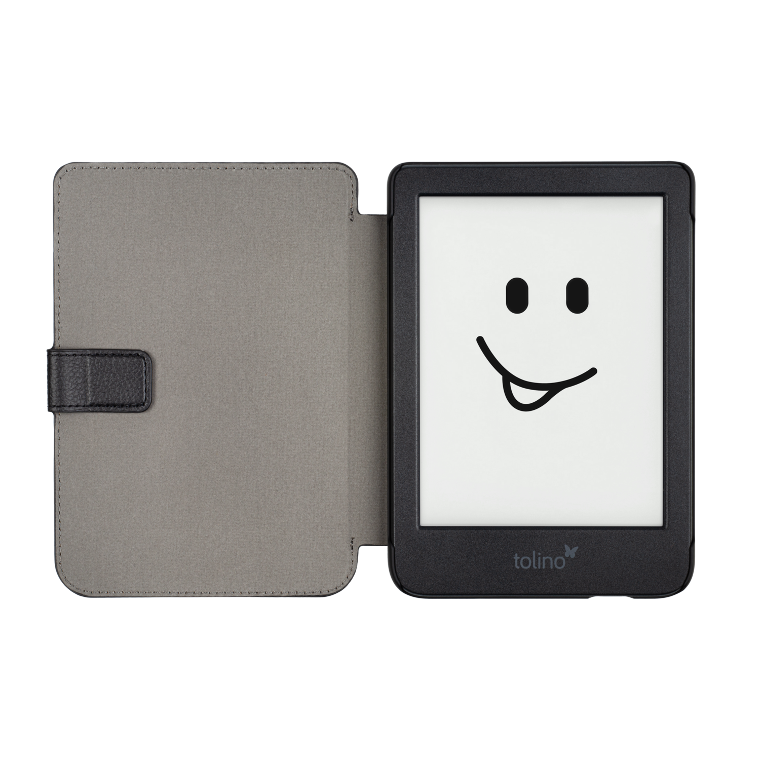 E-reader open, met een smiley op het scherm.