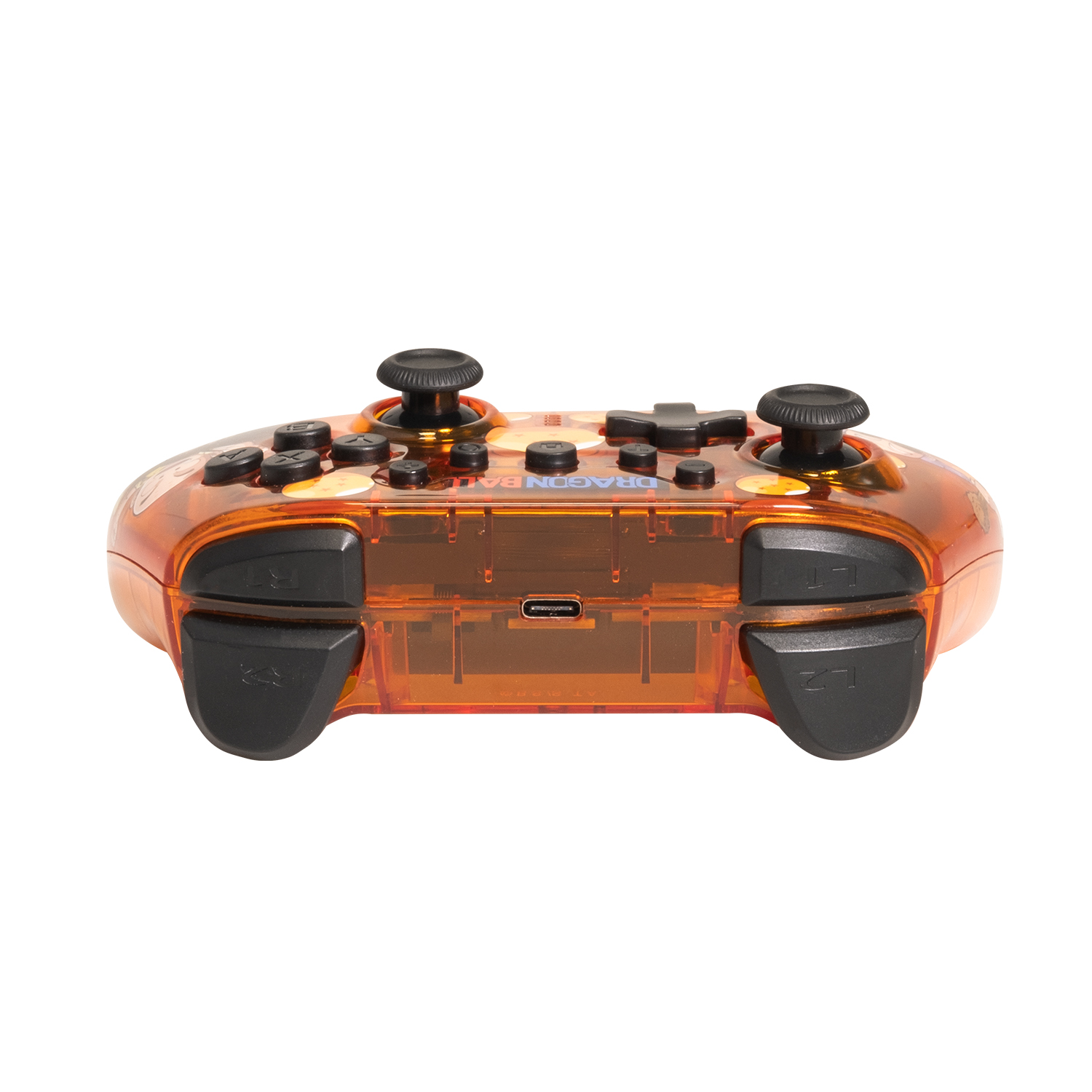 Mando Dragon Ball naranja transparente con botones y joysticks negros sobre blanco.