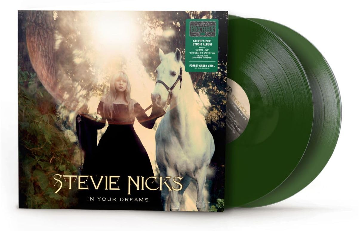 Stevie Nicks album borítója. Fekete ruhás nő egy fehér ló kantárjait tartja, erdei háttér, két zöld bakelit lemez.