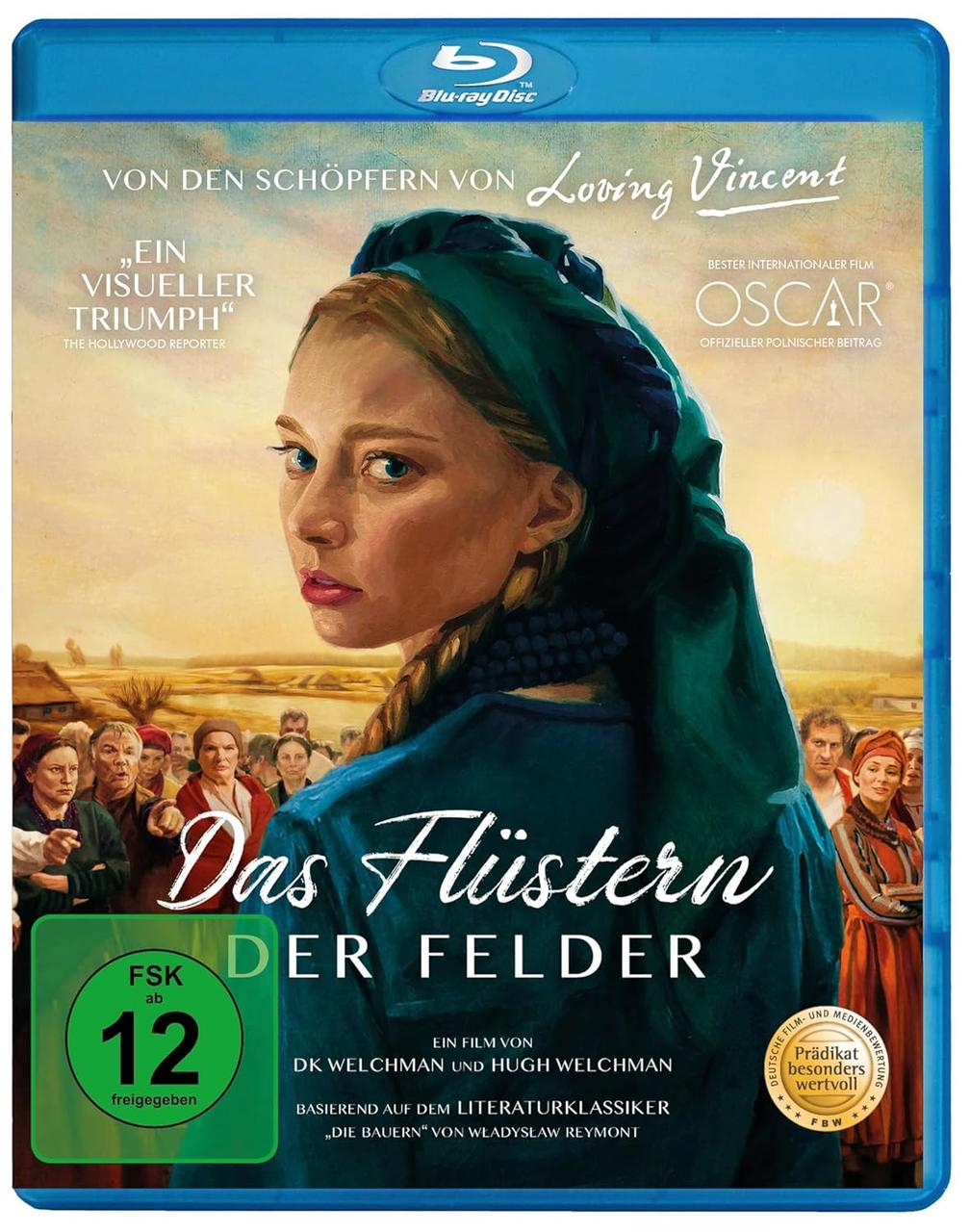Film-Cover: Frau mit Kopftuch, Text 'Das Flüstern der Felder'.