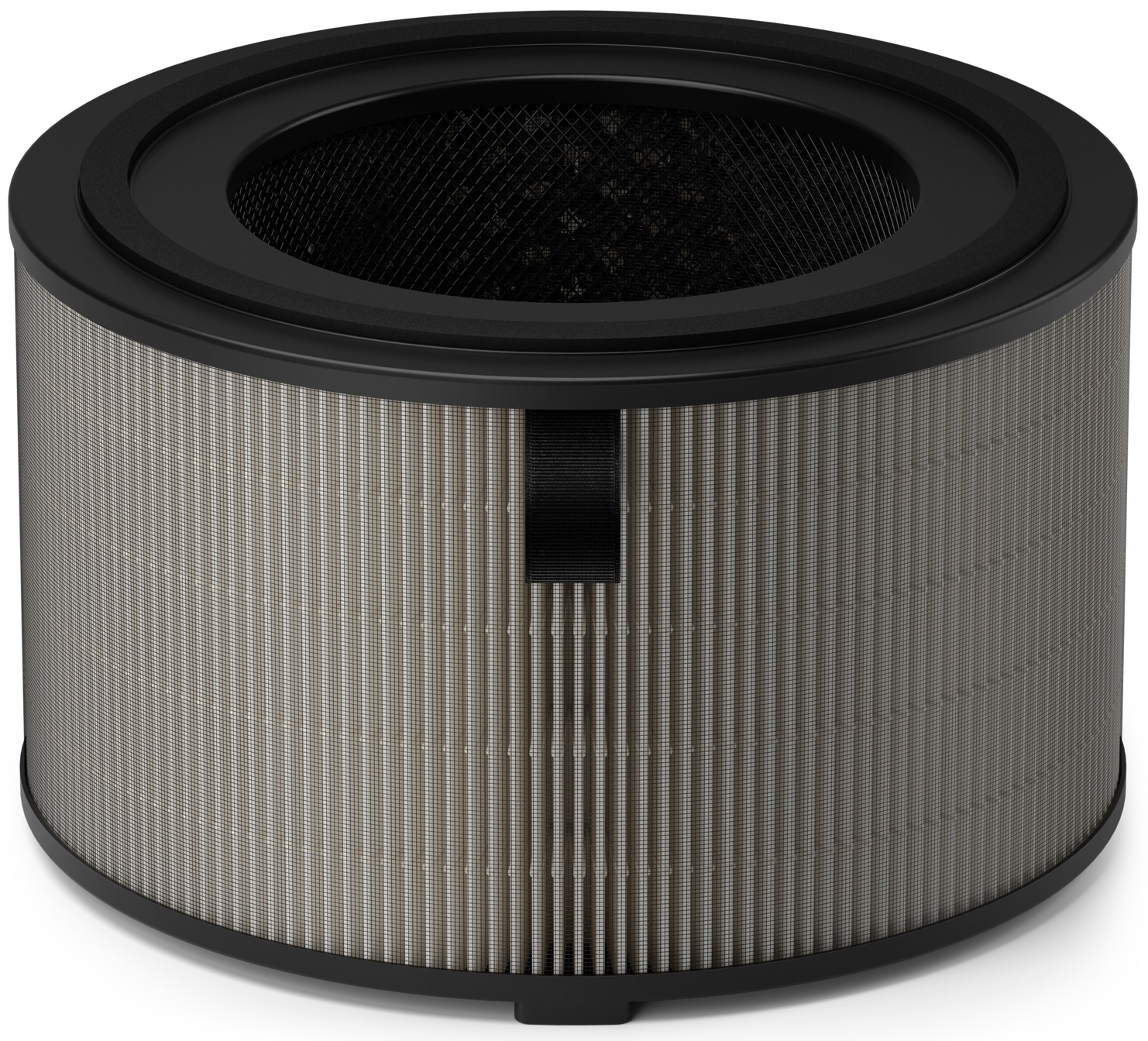 Cylindryczny filtr powietrza z czarną ramą. Filtr ma pofałdowaną, teksturowaną powierzchnię.