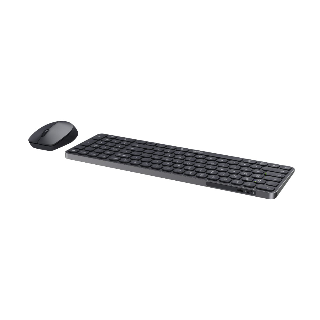 Ein kabelloses Tastatur- und Maus-Set. Die Tastatur ist grau und die Maus schwarz, vor weißem Hintergrund.