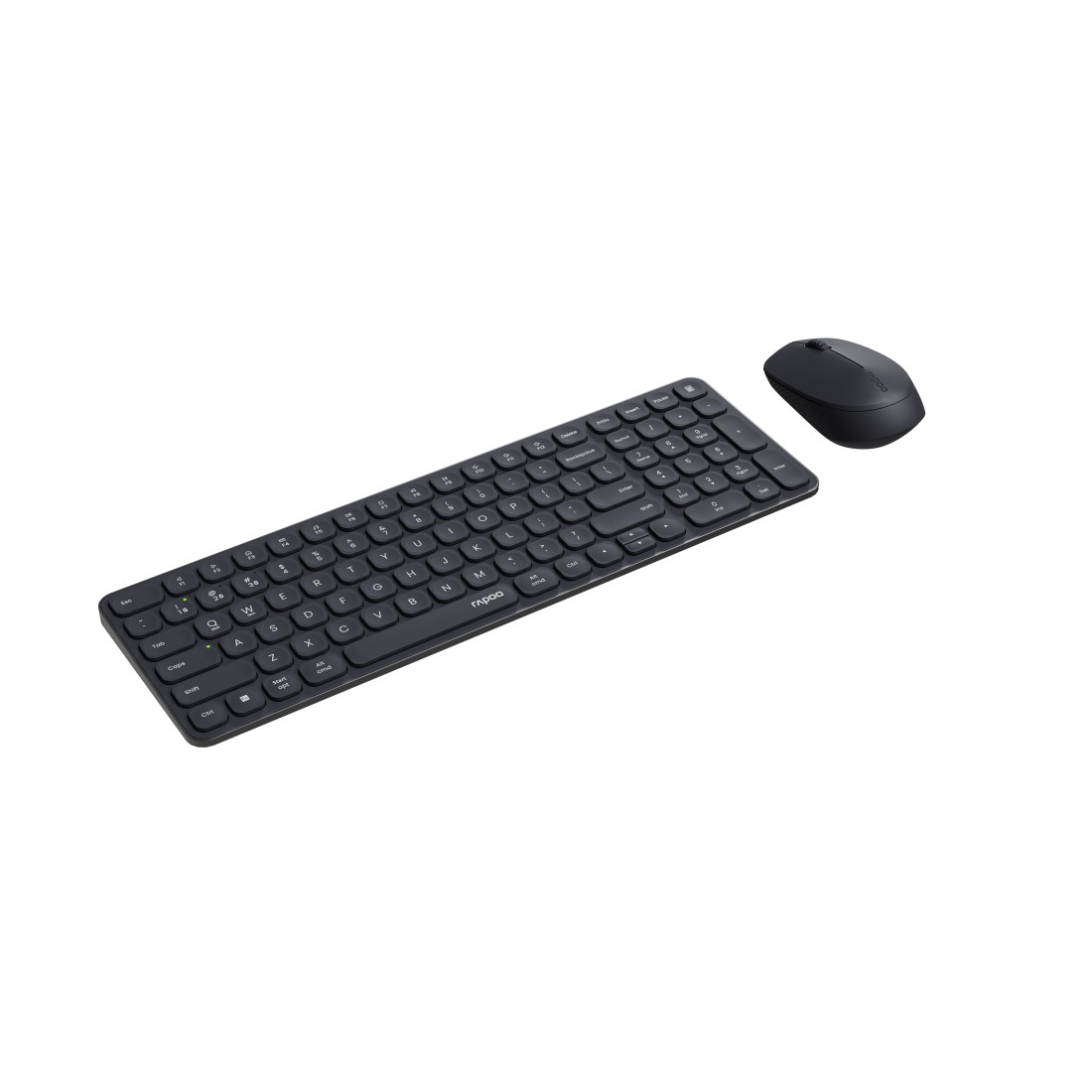 Eine schwarze Tastatur und Maus auf weißem Hintergrund. Die Tastatur ist in voller Größe mit schwarzen Tasten.